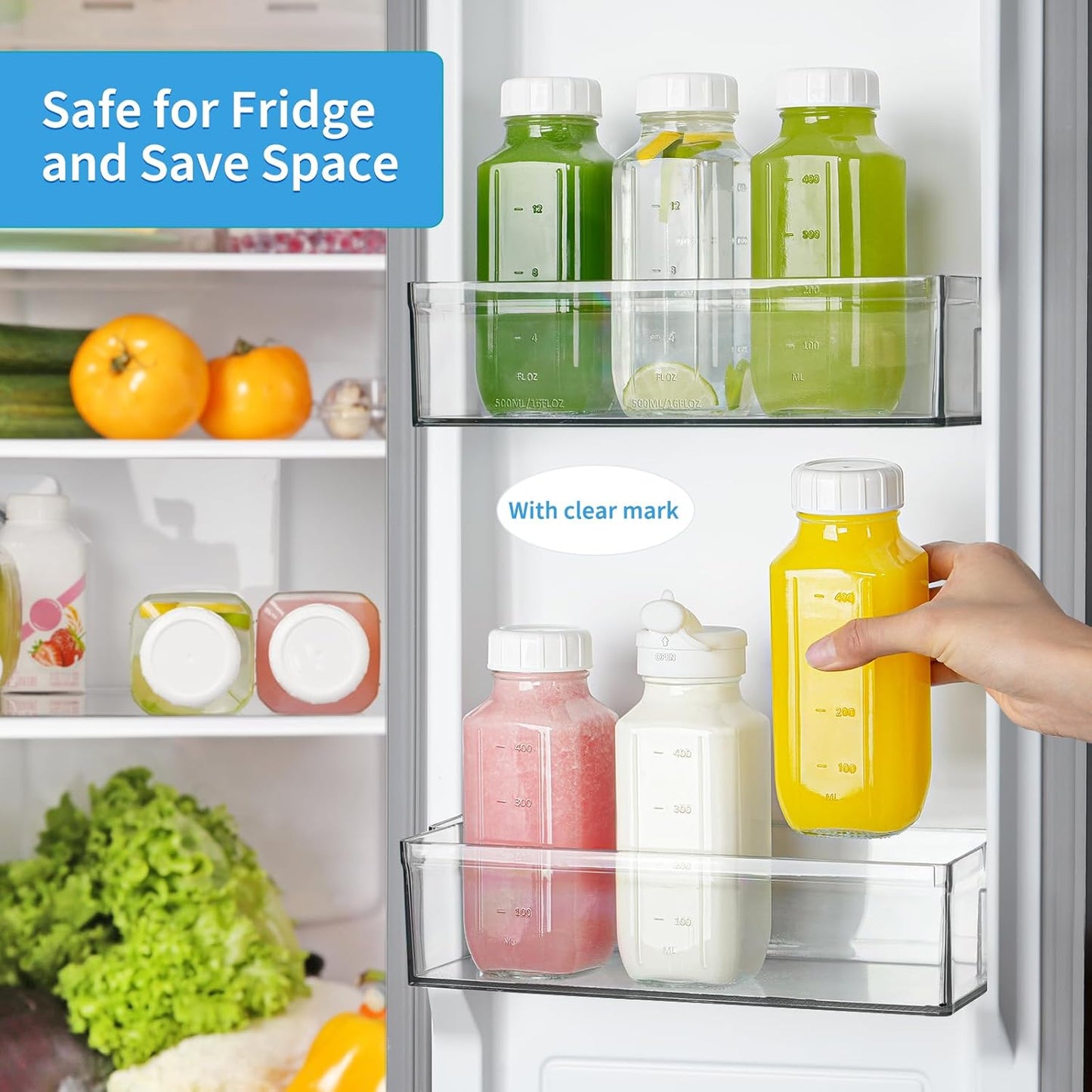 6 Pack 16 Oz Glass Juice Bottles with Pour Spout, 100% Airtight Heavy Duty SCREW Lid- Reusable Glass Milk Bottles w Capacity Mark, Square Drinking Jar Juice Container Breast Milk Pitcher(Extra 2 Lid)