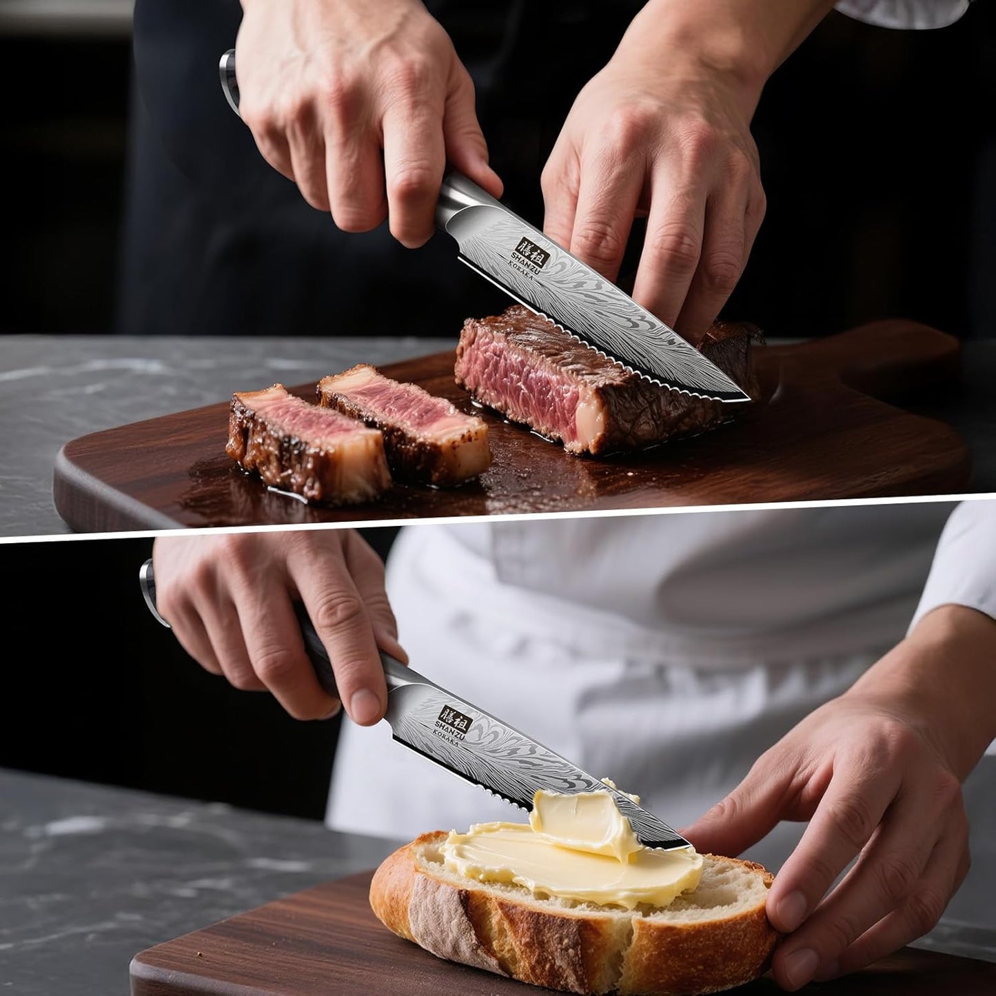 SHAN ZU Steak Knives Set of 6, Ultra Sharp 4.5 Inch High Hardness Powder Steel Steak Knife Set, Serrated Steak Knives with Ergonomic Pakkawood Handle Japanese Knives for Steak, Bread and Butter