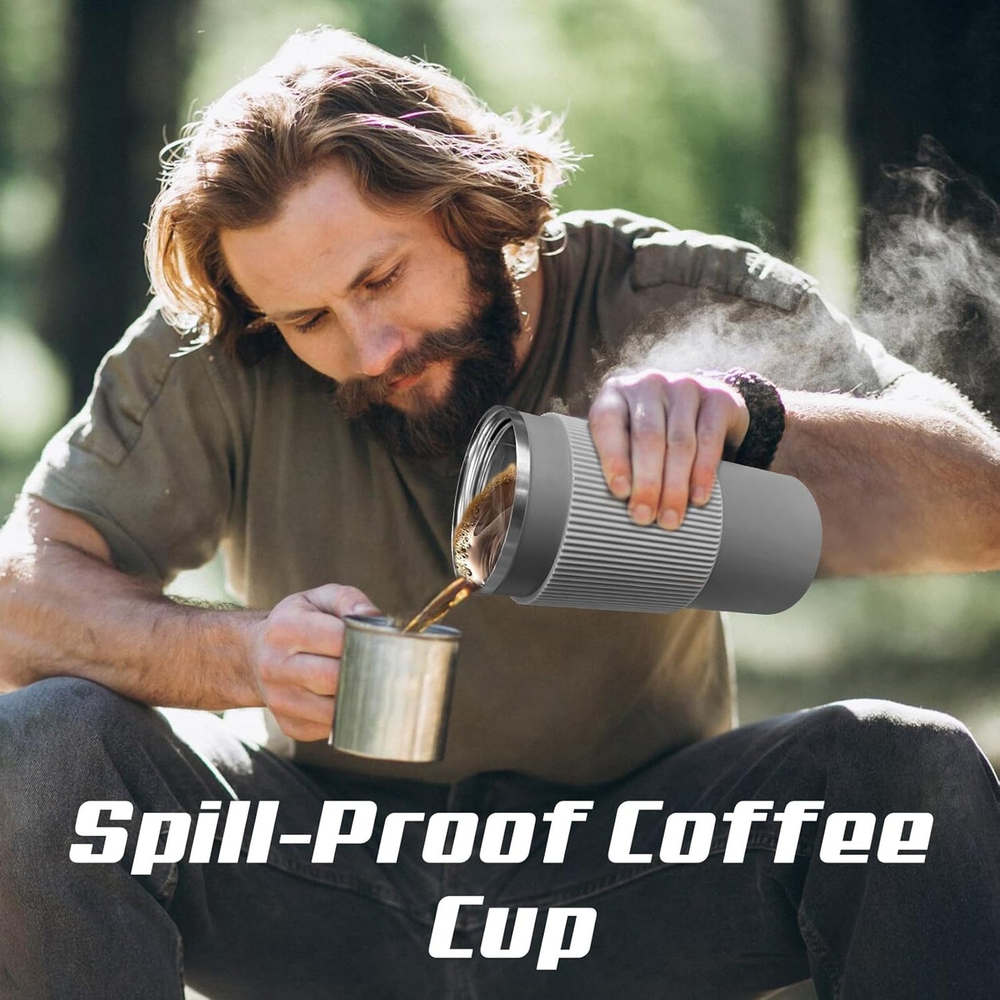 YINBAOGE Insulated Travel Coffee Mug Spill Proof Leak Proof Pobtable To Go Camping Stainless Steel Coffee Tumbler Reusable Coffee Cups with Lids Thermos for Hot and Cold Drink (4th-Gray, 15OZ)