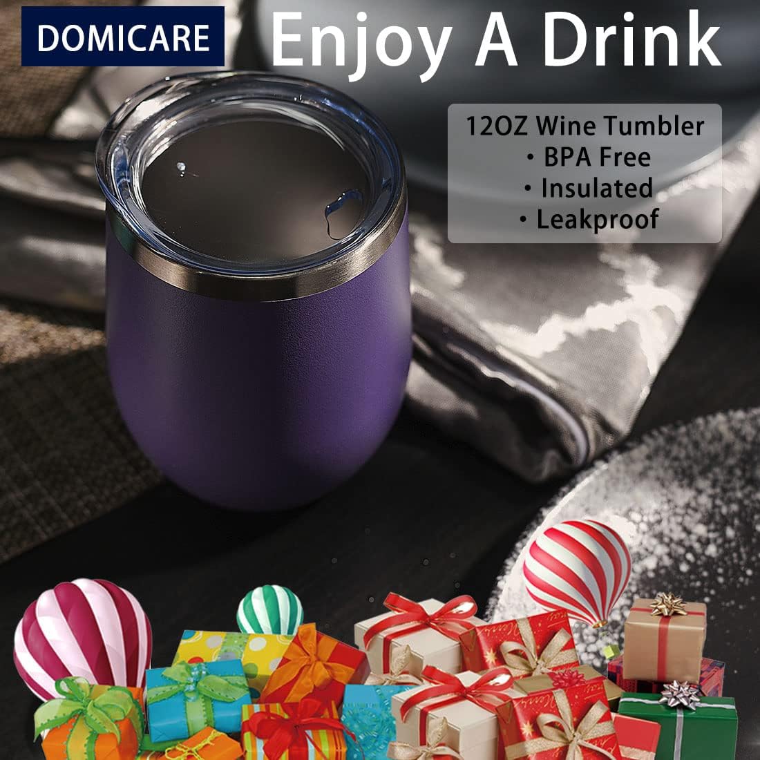 DOMICARE Stainless Steel Wine Tumbler Bulk with Lid, Personalized Insulated Tumblers Set, 12oz Travel Coffee Cups Pack of 4, Purple