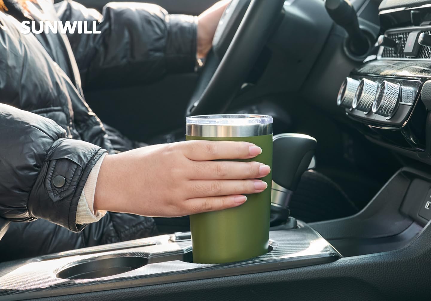 SUNWILL Travel Coffee Tumbler 20 oz, Insulated Mug with Lid, Stainless Steel Cup for Outdoor, Powder Coated Olive