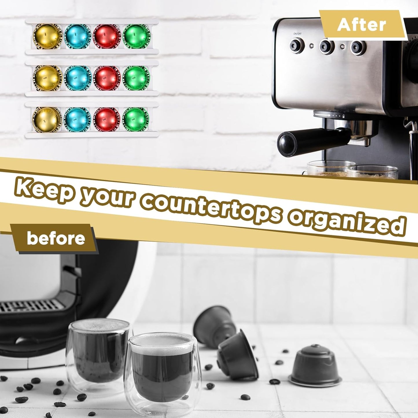 8 Pack Adhesive Coffee Pod Holder, 2 Different Size Holds 20 Capsules, Wall or Cabinet Mounted Coffee Capsule Rack with Adhesive Strips, Vertical or Horizontal Mount