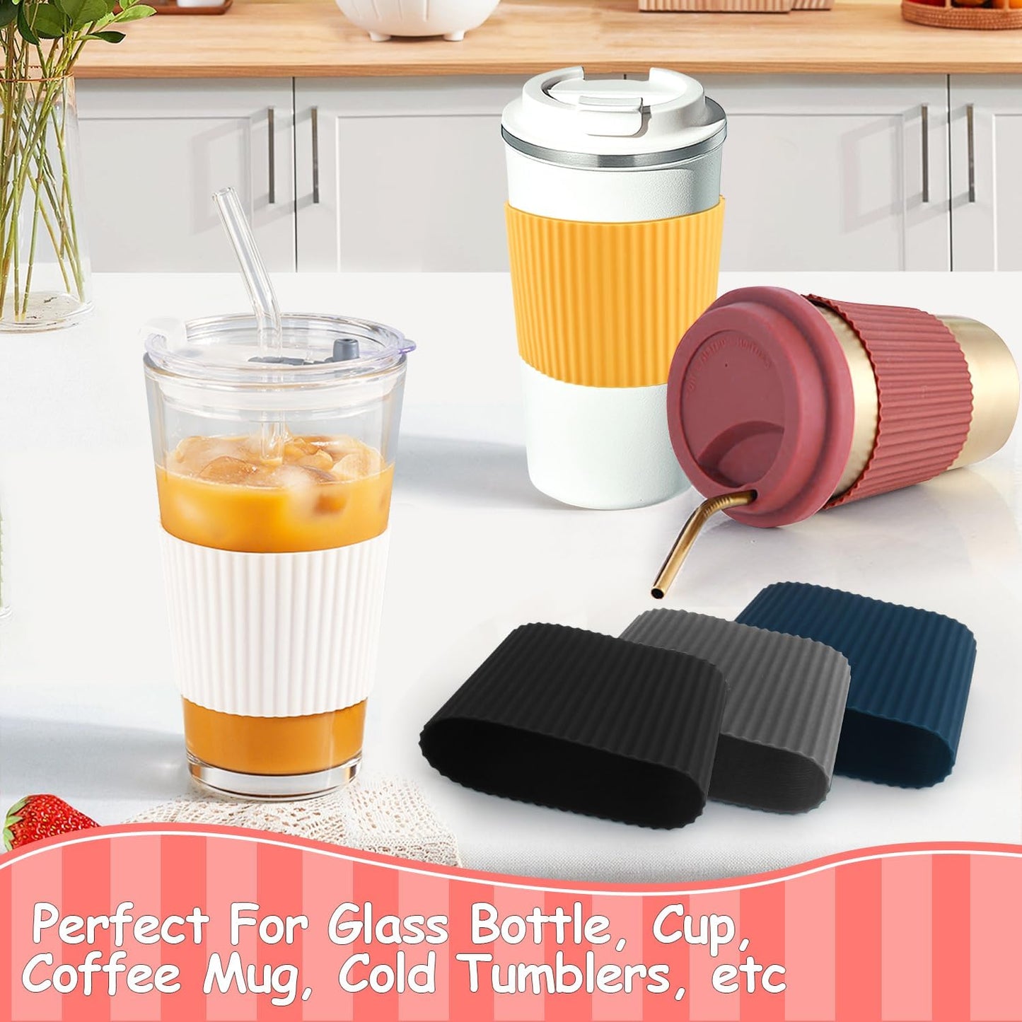 6 Pack Silicone Cup Sleeve Heat Resistant Coffee Cup Protective Sleeve Nonslip Glass Bottle Mug Protector Cover for Home Travel - Multicolor