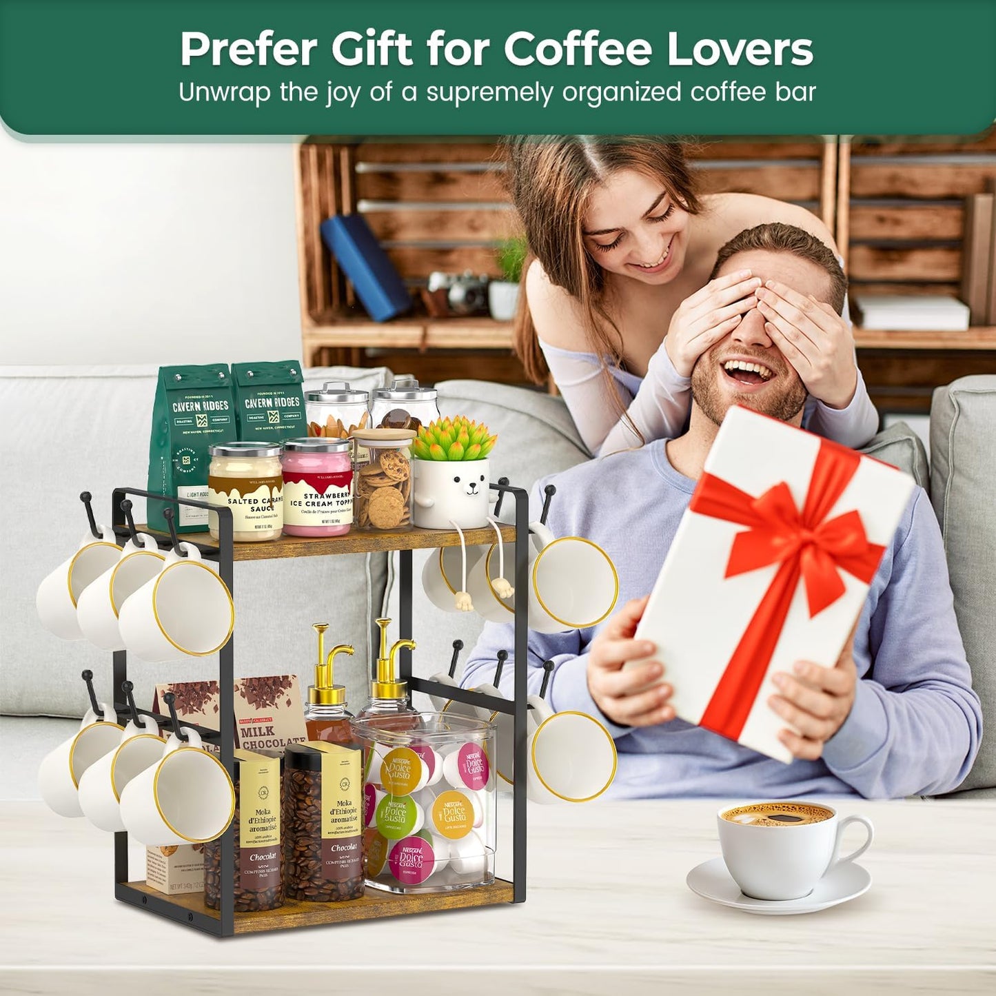 EsLuker.ly Coffee Station Bar Organizer Mug Holder Stand Countertop, 2 Tier Mug Cup Tree Rack for Kitchen Office, Storage Shelf with 12 Hooks, Creat Stylish Coffee Corner