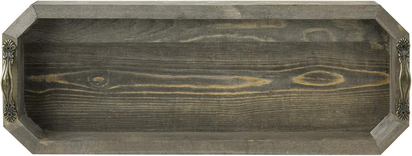 MyGift Wooden Vanity Tray, Rustic Gray Solid Wood Toilet Tank Tray - Decorative Octagonal Cosmetic Organizer with Antique Metal Handles