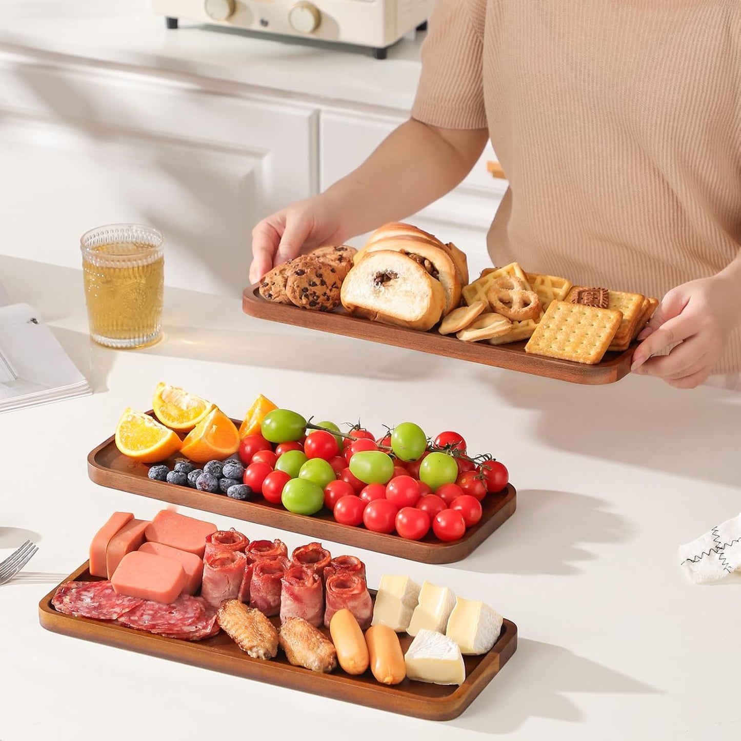 Solid Acacia Wood Serving Trays and Platters - Wooden Mini Charcuterie Boards, Rectangle Small Cheese Board for Food, Bathroom, Home Decor, Kitchen Counter, (14"x5.5", 1 Pack)