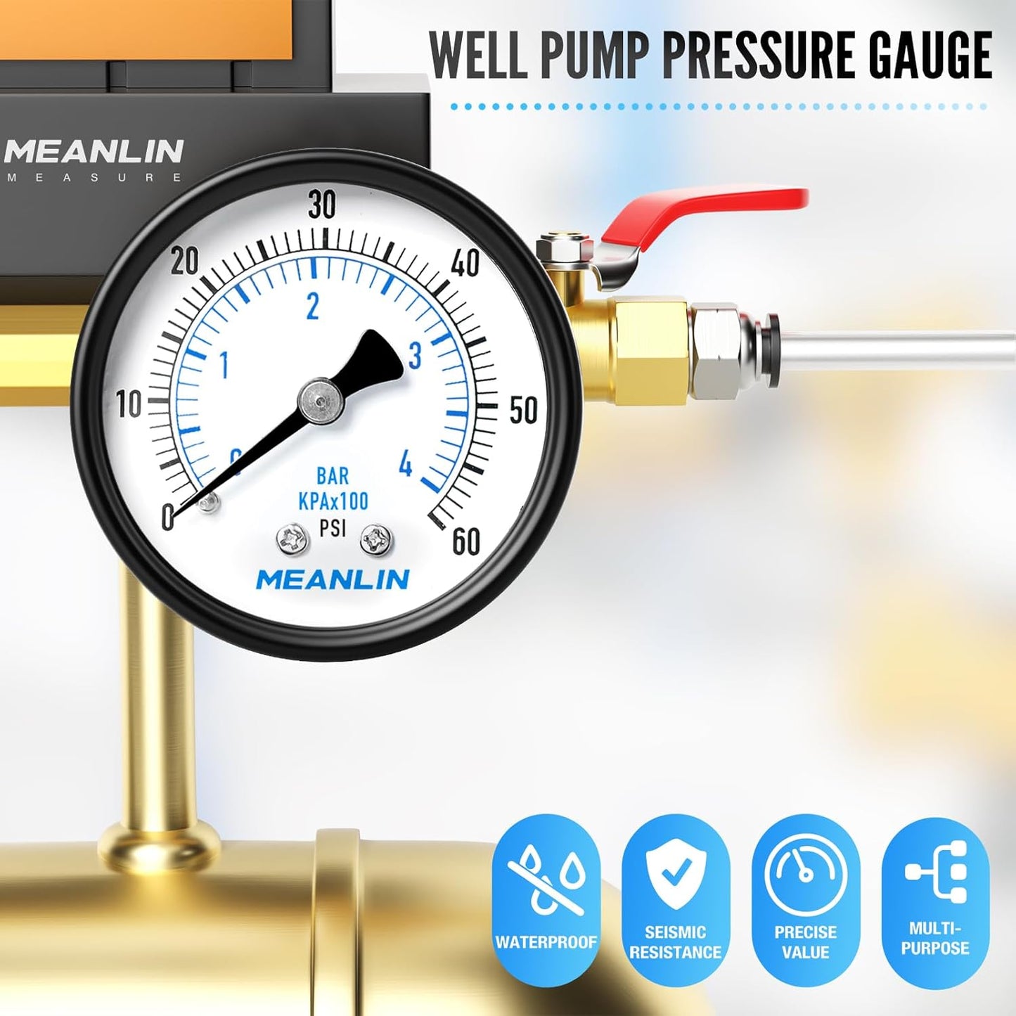 MEANLIN MEASURE 0-60Psi 2" DIAL FACE 1/4" NPT Well Pump Pressure Gauge, with 1/2" NPT and 3/8" NPT Hex Bushing, Pool Sand Filter WOG Water Oil Air Pressure Test, Center Back Mount