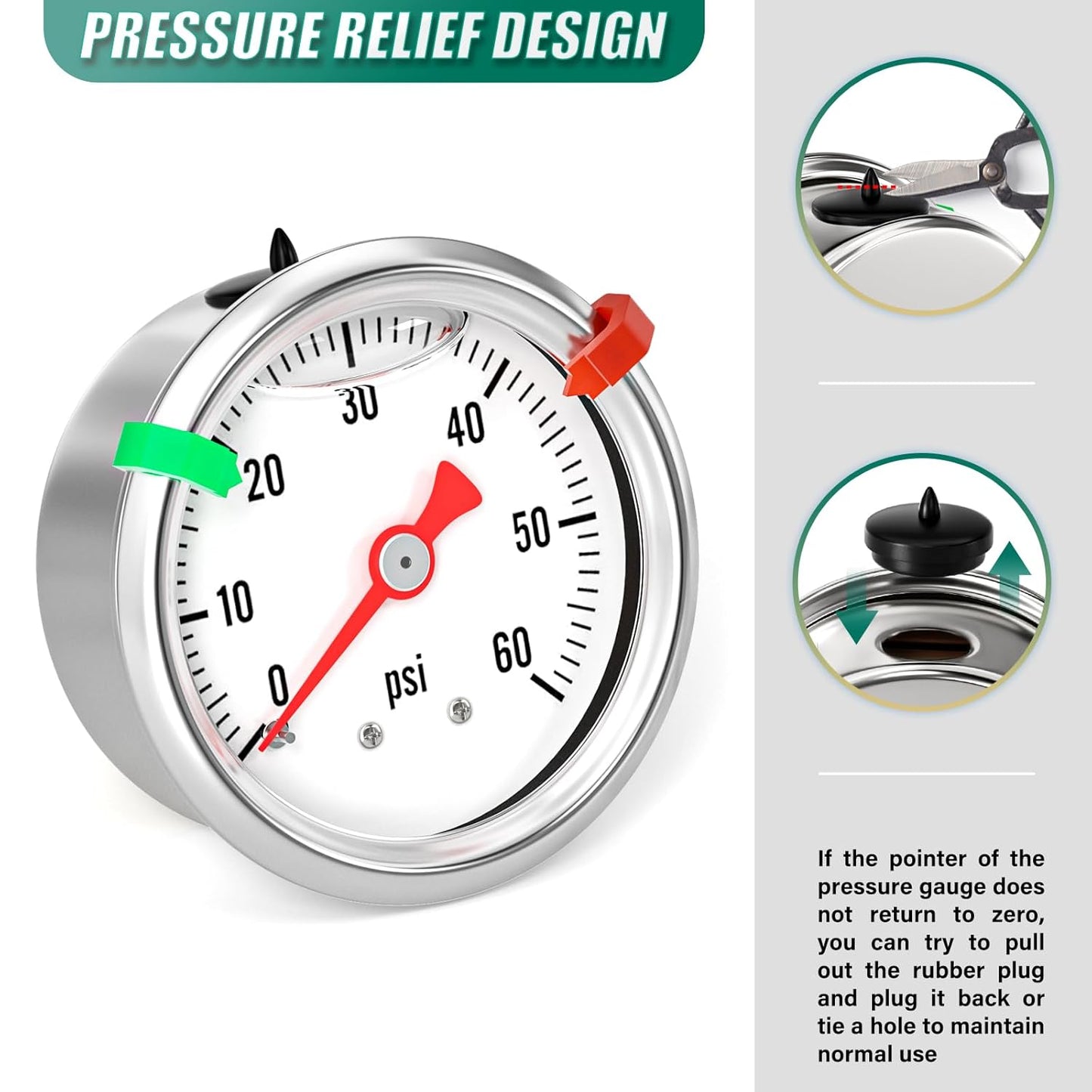 0-60psi Stainless Steel Glycerin Liquid Filled Pressure Gauge 1/8" NPT 1.5" Face Dial, Center Back Mount, for Water, Oil and Air Pressure Testing (with Range Mark Pointer)
