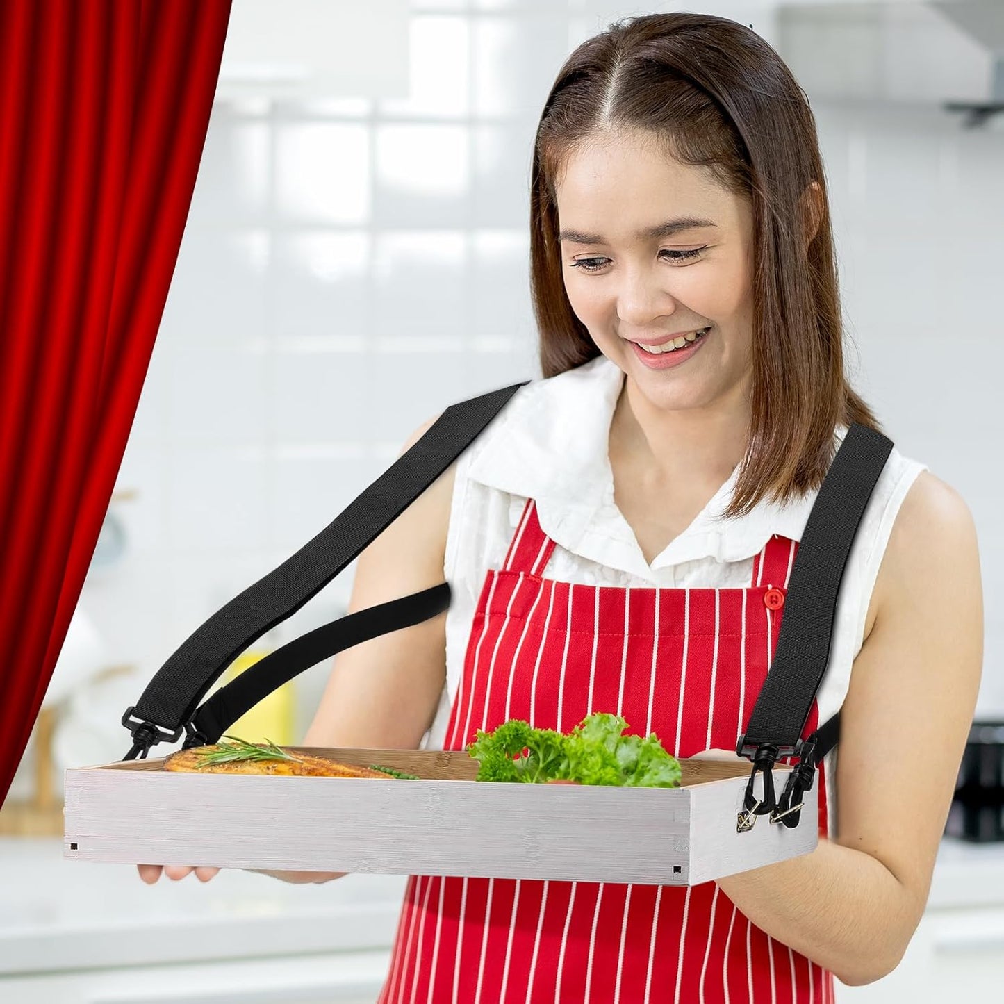 Marsui 2 Pcs Halloween Snack Trays with Straps 15 x 11 x 2 Inch Wooden Movie Night Snack Drink Trays Vendor Usherette Popcorn Drink Beverage Carrier for 20's Theme Carnival Party Costume(White)