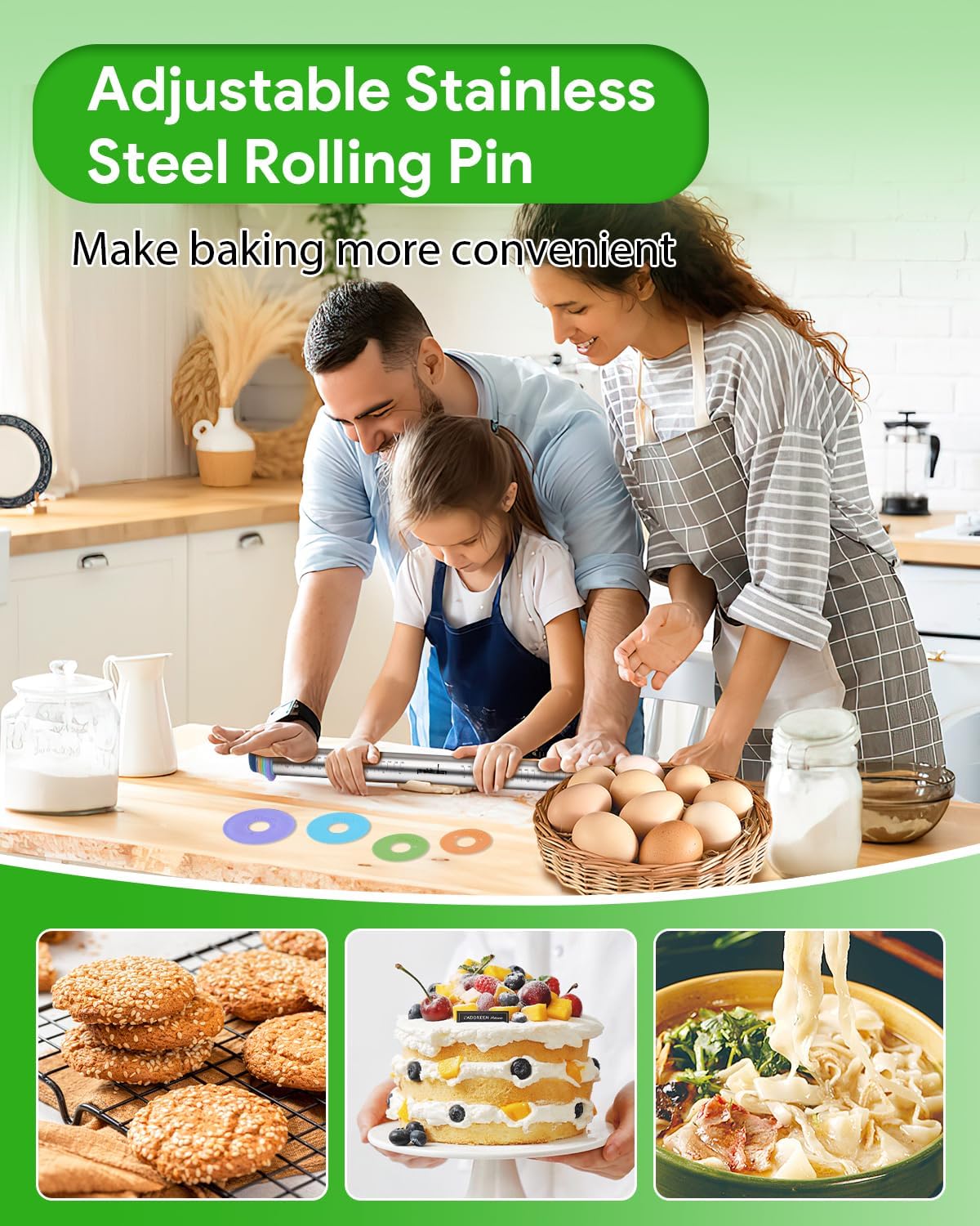 Adjustable Rolling Pin with Thickness Rings for Baking, Adjustable Stainless Steel Designs Dough Roller Pins for Cookie Decorating & Dough Pizza Pie Adjustable Long Rolling Pin 23.6 Inch