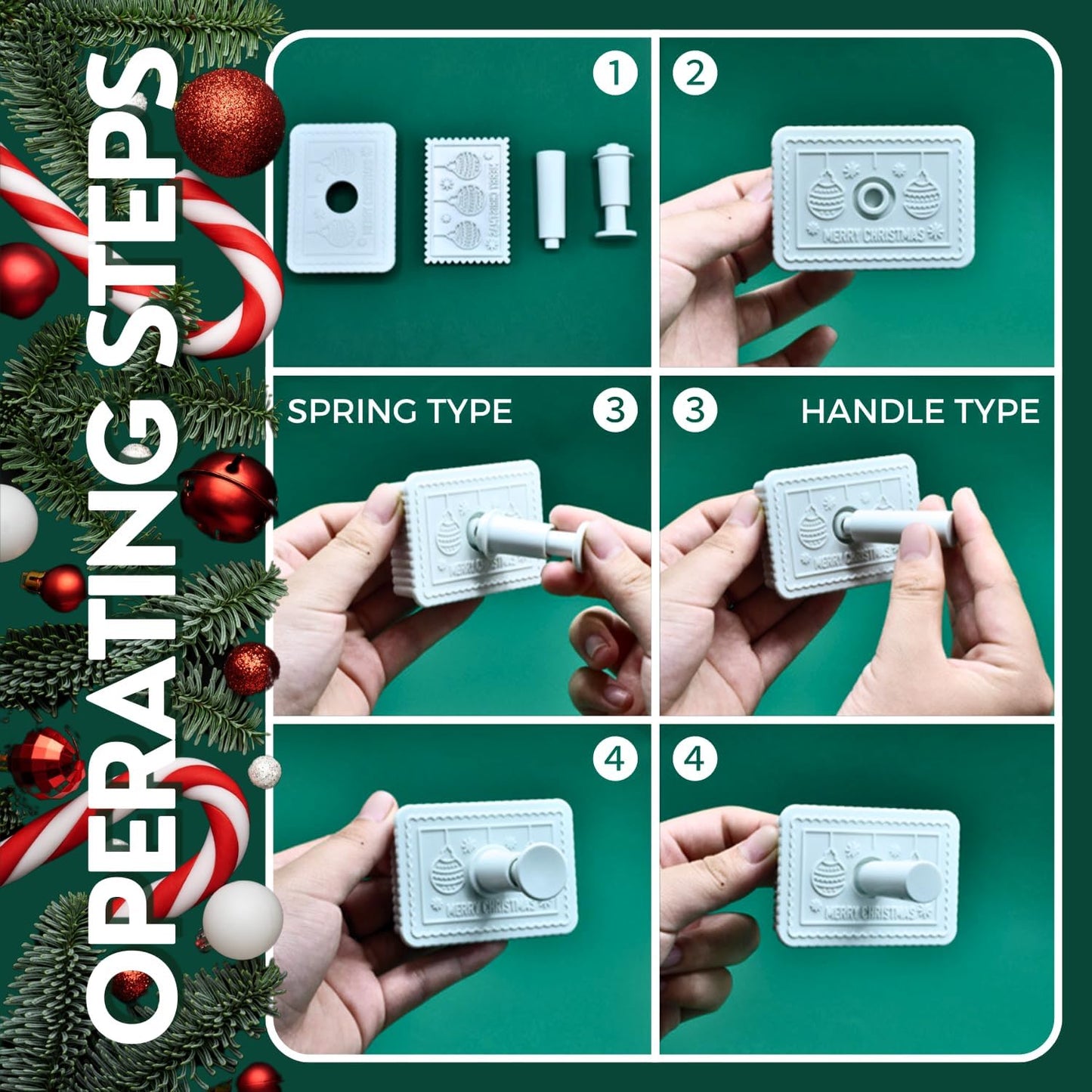 Christmas Cookie Cutters, 4-Piece 3D MERRY CHRISTMAS Plastic Cookie Stamp Set, Comes with Merry Christmas in English, Perfect for Christmas cookie baking and parties