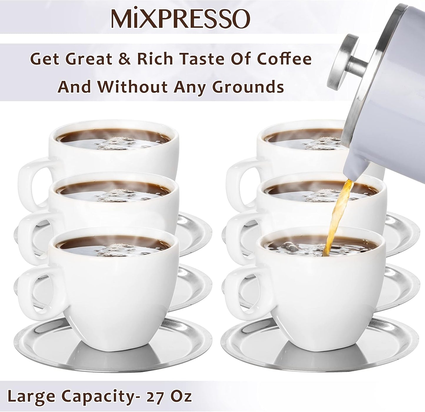 Mixpresso Light Blue Stainless Steel French Press Coffee Maker 26 Oz 770 ml, Double Wall Insulated French Press Stainless Steel, Easy Clean Tea Brewer, Easy Press Durable Metal Coffee Press