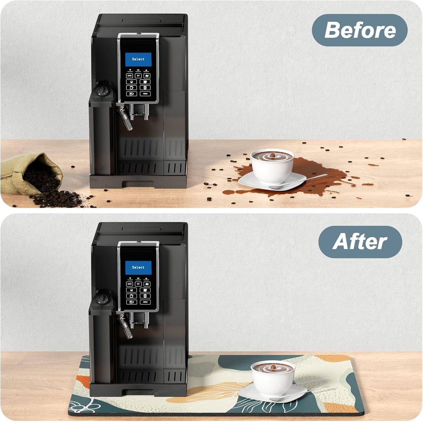 Rnivvi Coffee Mat, 16" x 24" Cute Boho Theme Coffee Bar Mats for Espresso Machine Station Accessories and Organizer, Hide Stain Rubber Backed Absorbent Dish Drying Pad for Kitchen Counter, Leaves