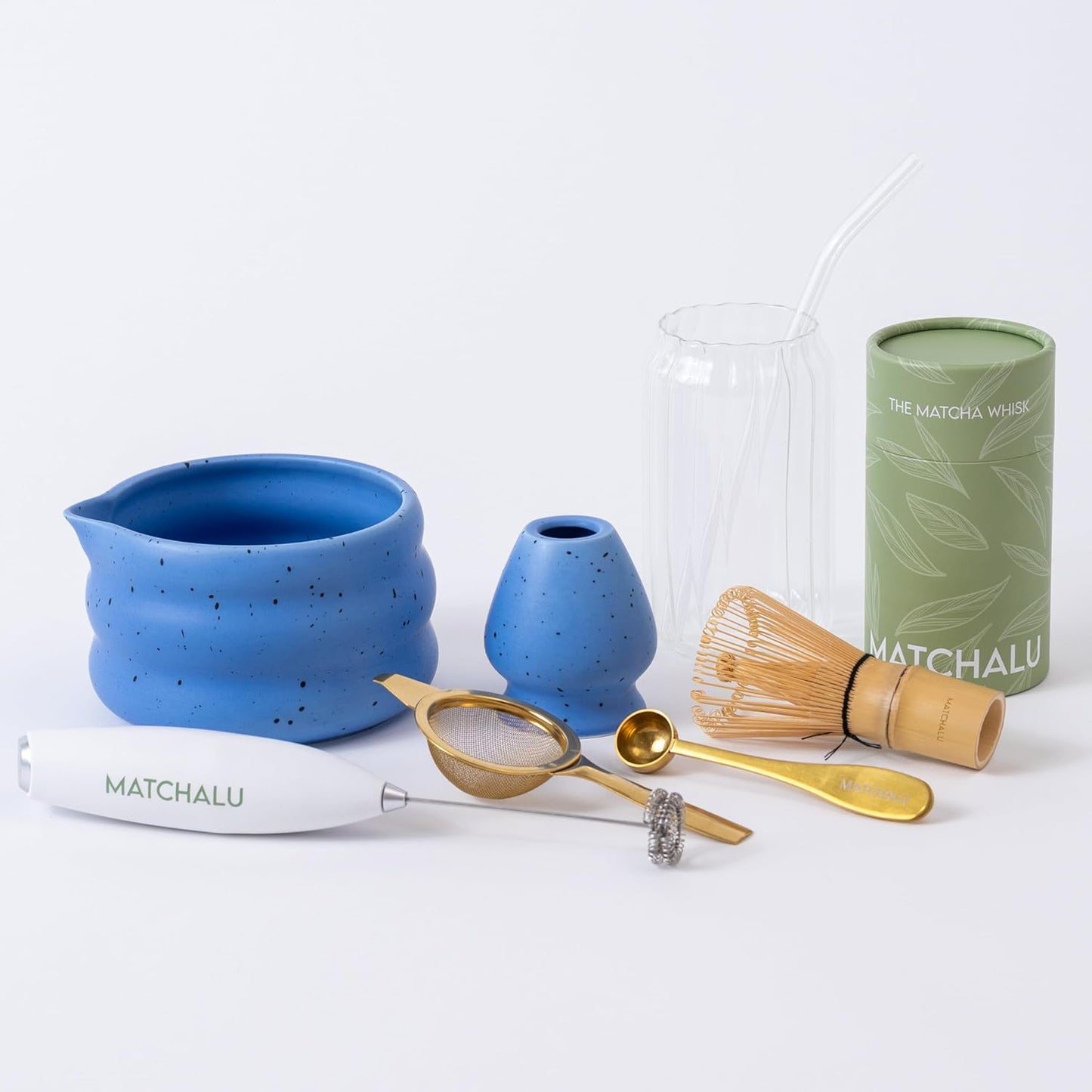 Premium 9 Piece Matcha Set Includes Ceramic Matcha Bowl, Bamboo Whisk & Holder, Stainless Steel Spoon & Sifter, Glass Cup & Straw, Electric Frother, Storage Bag - Gift for Matcha Lovers (Blue)
