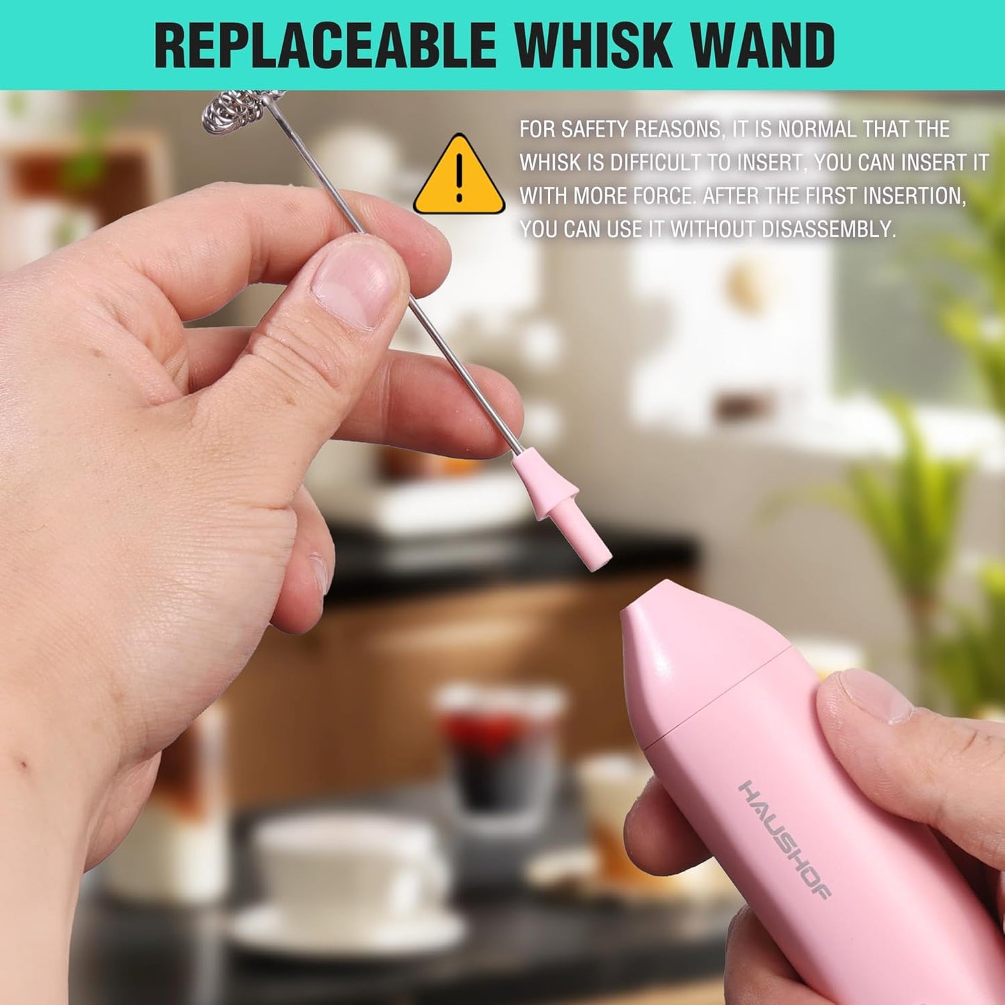 HAUSHOF Powerful Rechargeable Milk Frother Wand with Stand, Handheld Electric Foam Maker, Drink Mixer with Detachable Stainless Steel Whisk for Coffee Latte, Cappuccino, Matcha, Pink