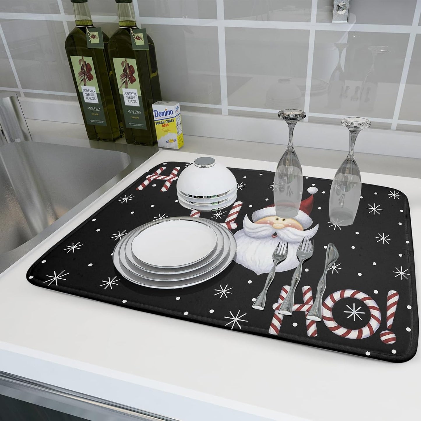 Christmas Santa Laugh Dish Drying Mat Winter Snowflakes Black Dish Drainer Mats Xmas Candy Cane Stick Sweet Dish Dry Pad for Kitchen Countertop Coffee Bar 18x24 inch Large