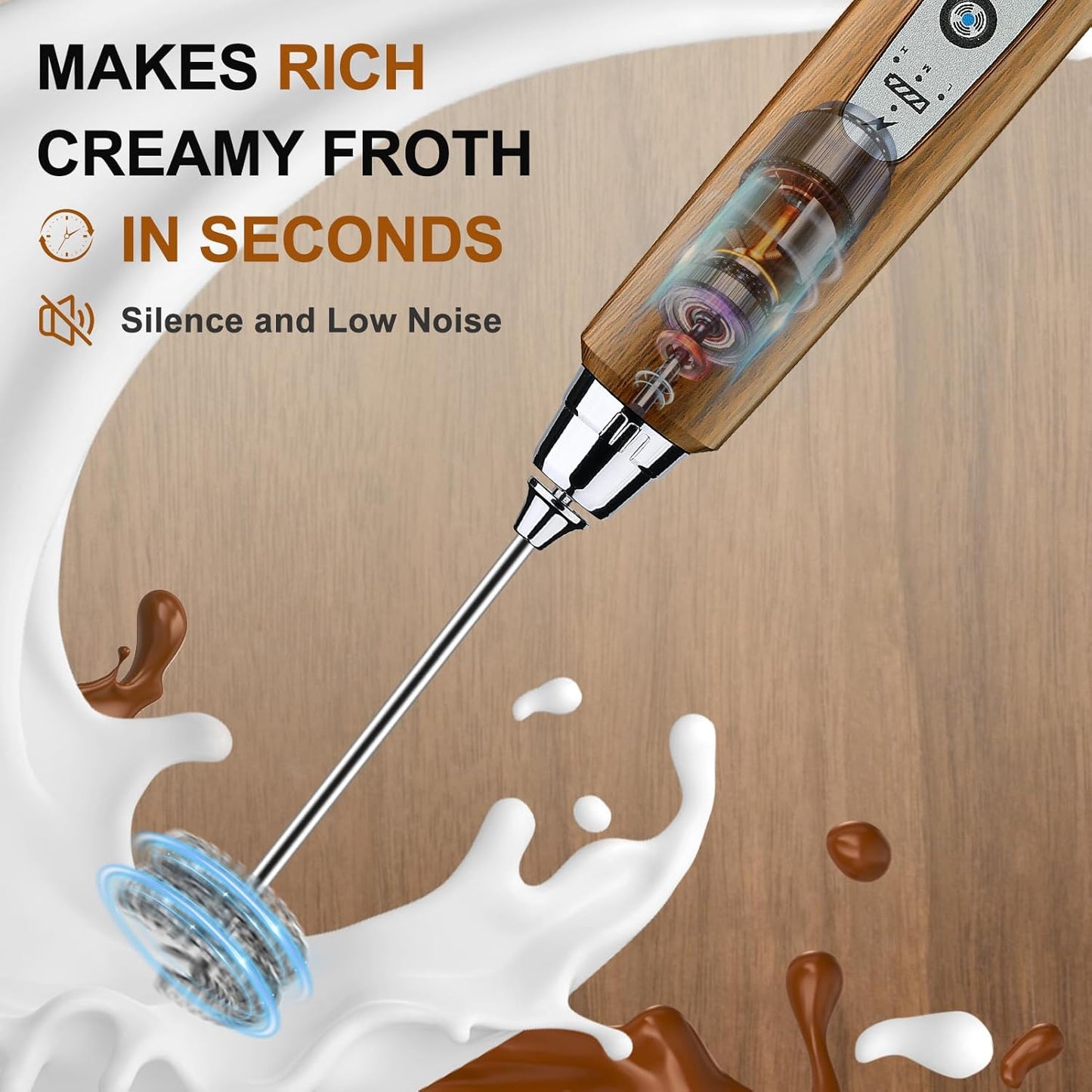 YUSWKO Wood Grain Handheld Milk Frother Wand with Stand for Coffee, Rechargeable Electric Whisk with 3 Heads 3 Speeds Drink Mixer Coffee Frother For Latte, Cappuccino, Hot Chocolate, Egg