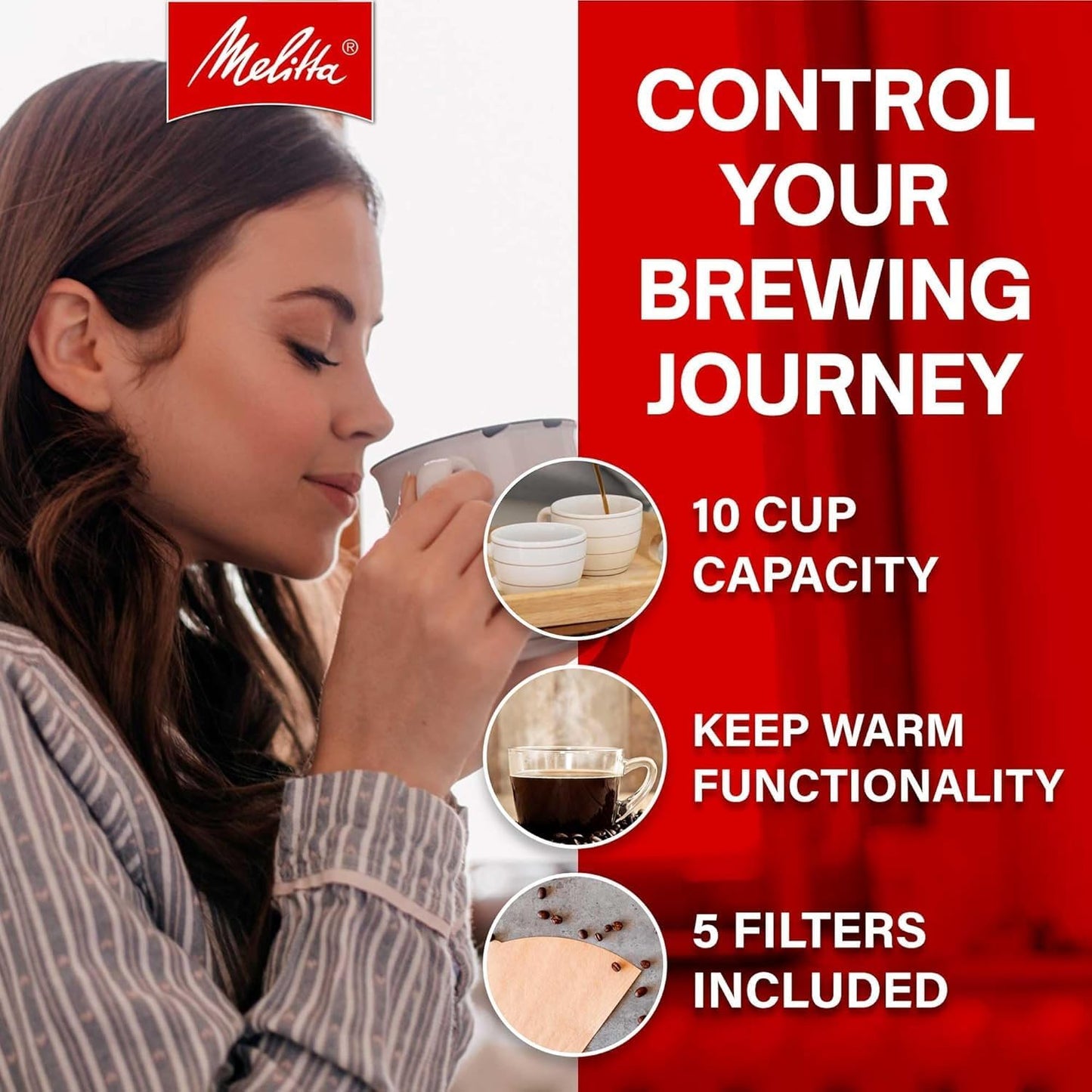 Melitta® Aroma Fresh™ Plus 10-Cup Automatic Drip, Programmable Coffee Maker with built in Burr Coffee Grinder, 5-Pack Coffee Filters included