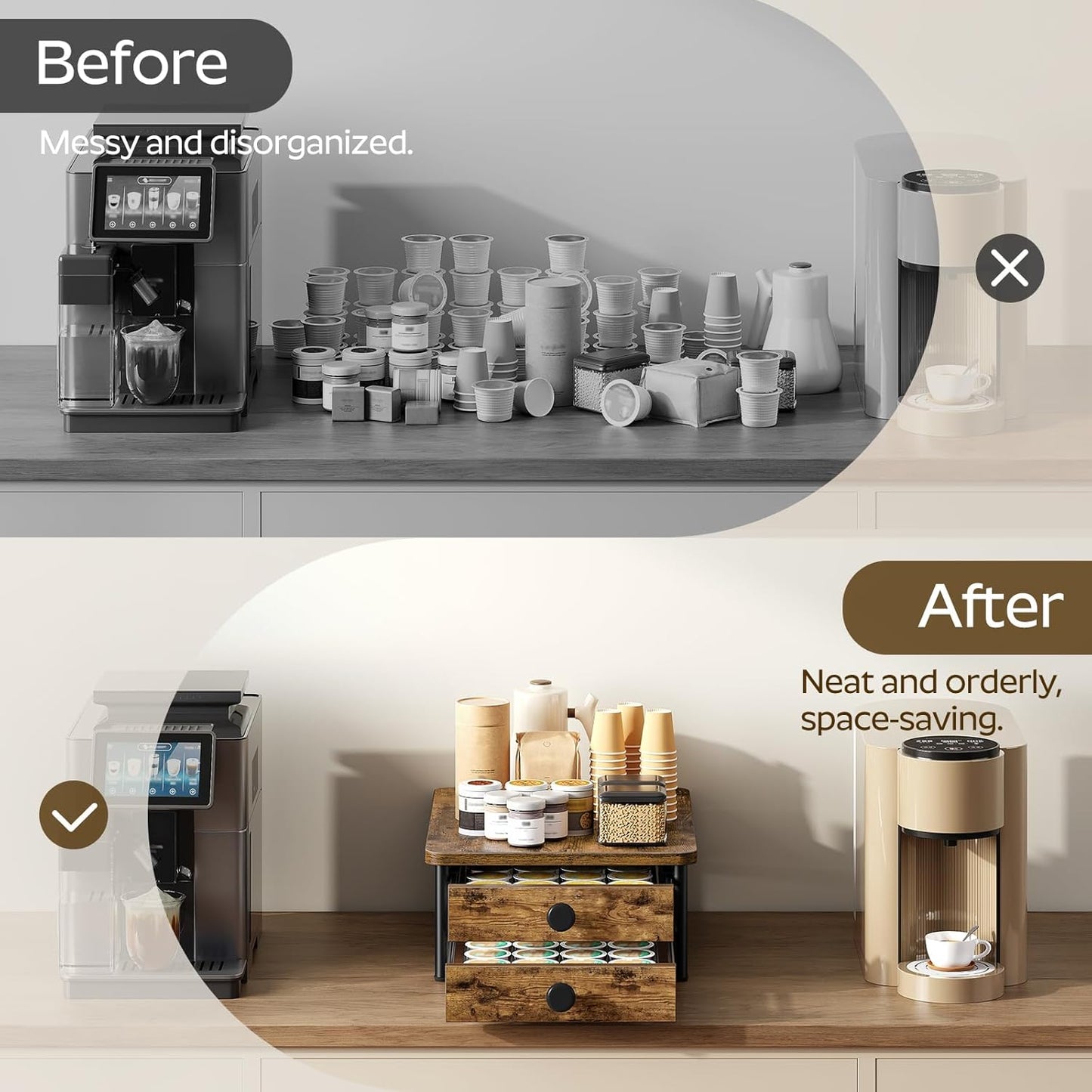 Coffee Pod Drawer Holder for K Cup, 56 Pods Capacity, 2 Tier Organizer for K Cup, Coffee Pod Organizer for Countertop, Space Saving, Easy Assembly, Rustic Brown KH28BRY1