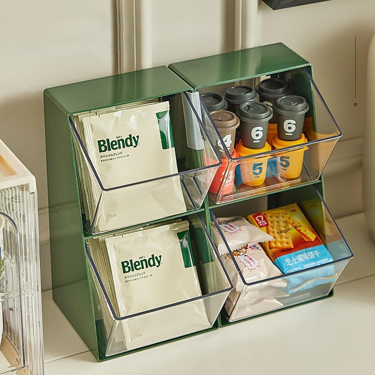 K Cup Holder, Large Capacity Tea Bag Organizer with 2 Drawers, Clear Coffee Pod Storage for Creamer, Sugar, Snack, Stationery, Cookies, Hair Tie - Green