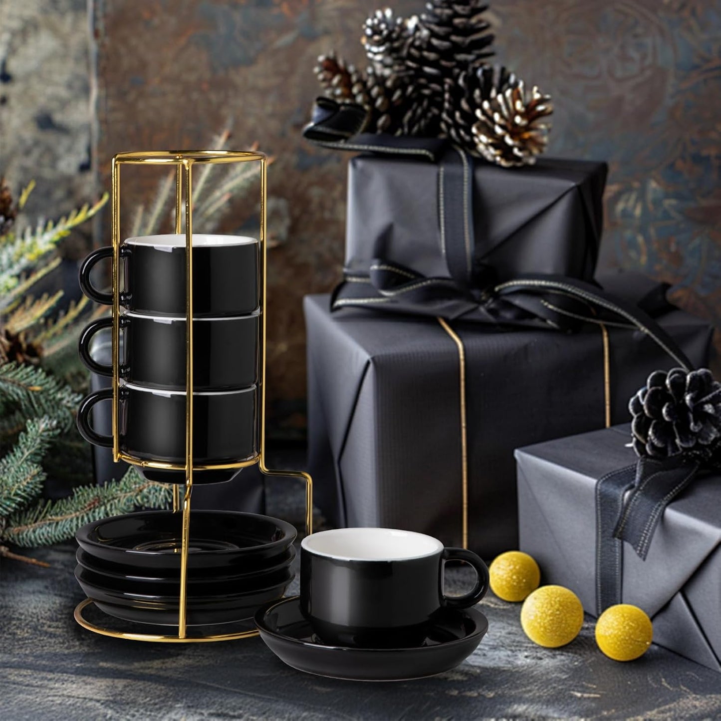 Sweejar Porcelain Espresso Cups with Saucers, 4 Ounce Stackable Cappuccino Cups with Metal Stand for Coffee Drinks, Latte, Tea - Set of 4 (Black Gold Stand)