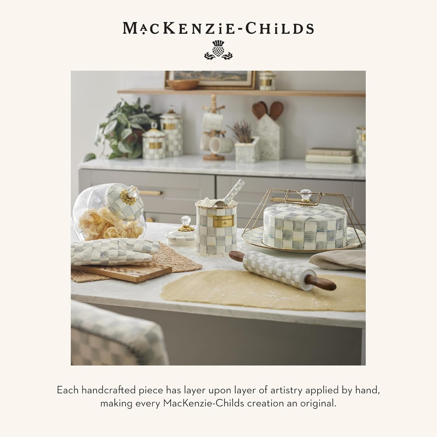 MACKENZIE-CHILDS Enamel High-Tea Teapot, Cup, and Lid, Cute Teapot and Teacup Combo, Gray-and-White Sterling Check