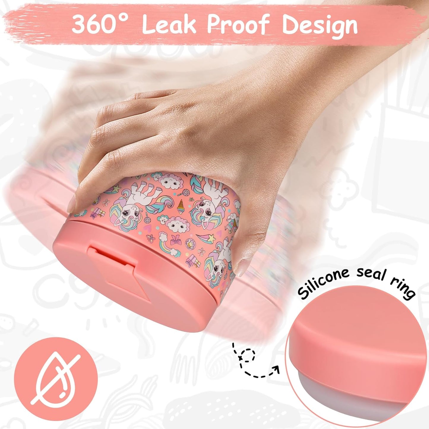 12oz Insulated Vacuum Food Jar with Buckle Lid Wide Mouth Soup Thermo for Hot Food Kids Leakproof Stainless Steel Lunch Container (Pink-Horse)