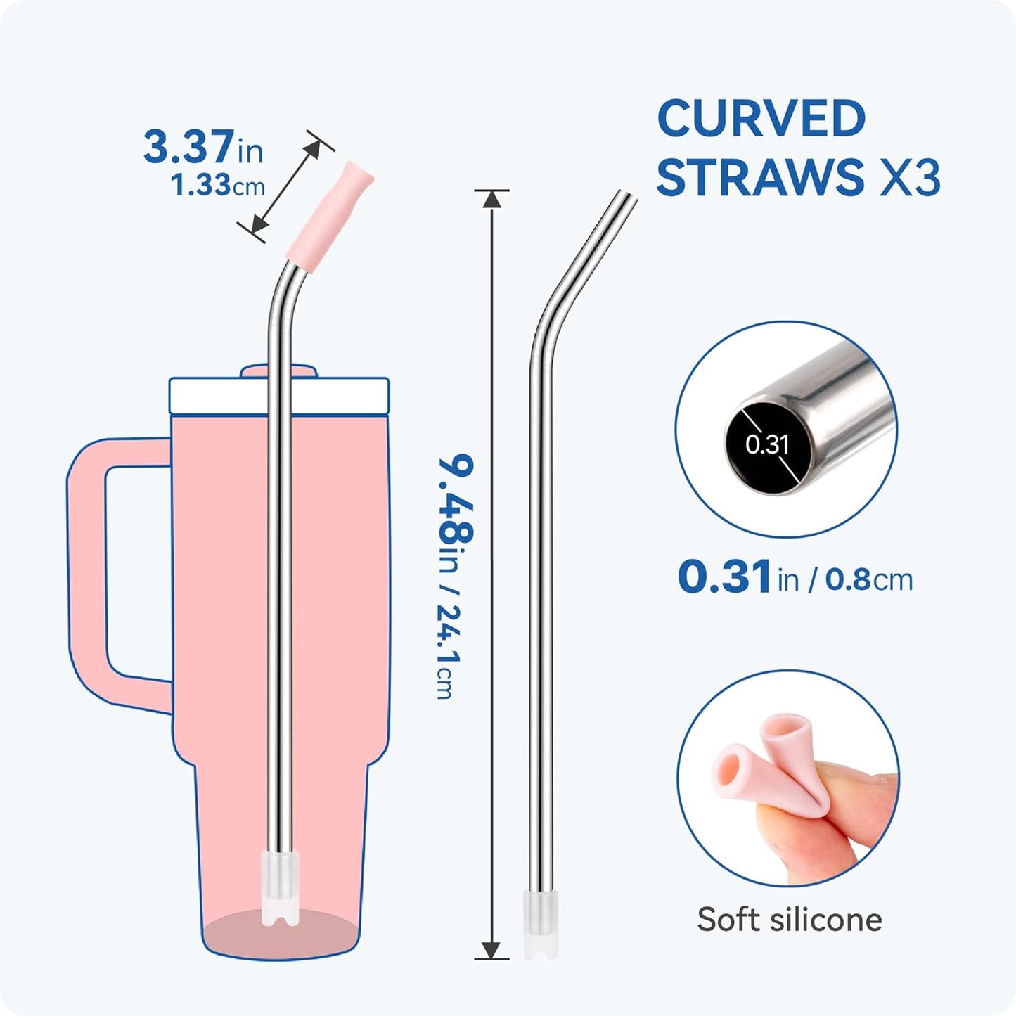 Reusable Stainless Steel Straws with Silicone Tip for Stanley 30oz, Metal Drinking Straws for 30oz Tumbler,3 Bent Tubes & 6 Tips& 1 Cleanr Brush (White)