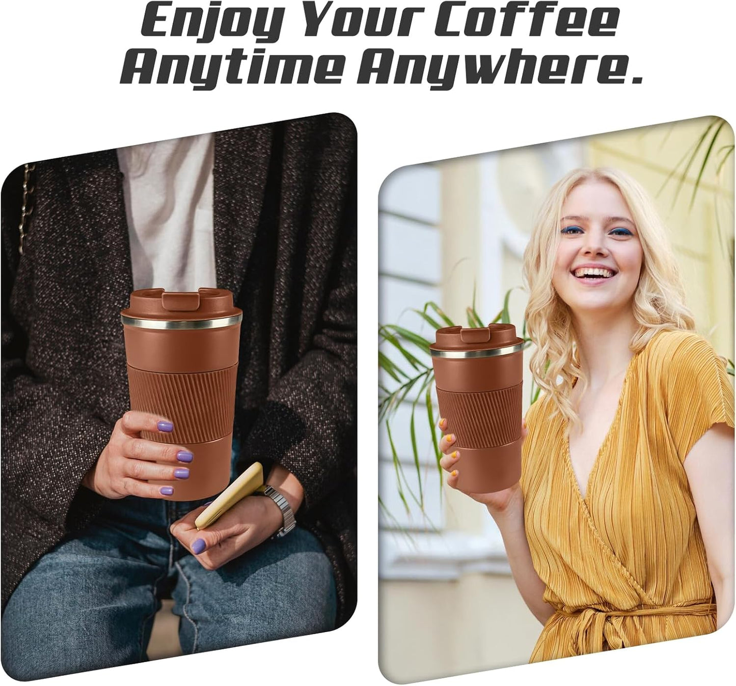 Vacuum-Insulated Stainless Steel Travel Coffee Mug, Leak-Proof Reusable Coffee Cup with Lid - Keep Hot & Cold Drinks for Hours, Durable Thermos Tumbler for Men & Women (3rd-Light Coffee, 12OZ)