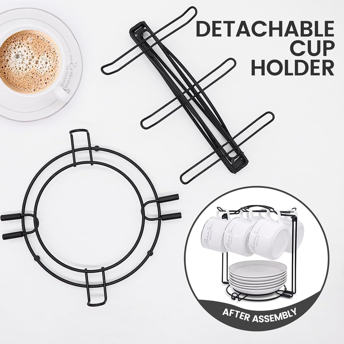 Tea Cups Holder,Black Metal Coffee Cup Tea Cups Rack,Foldable Organizer for Coffee Cup Spoon and Saucers