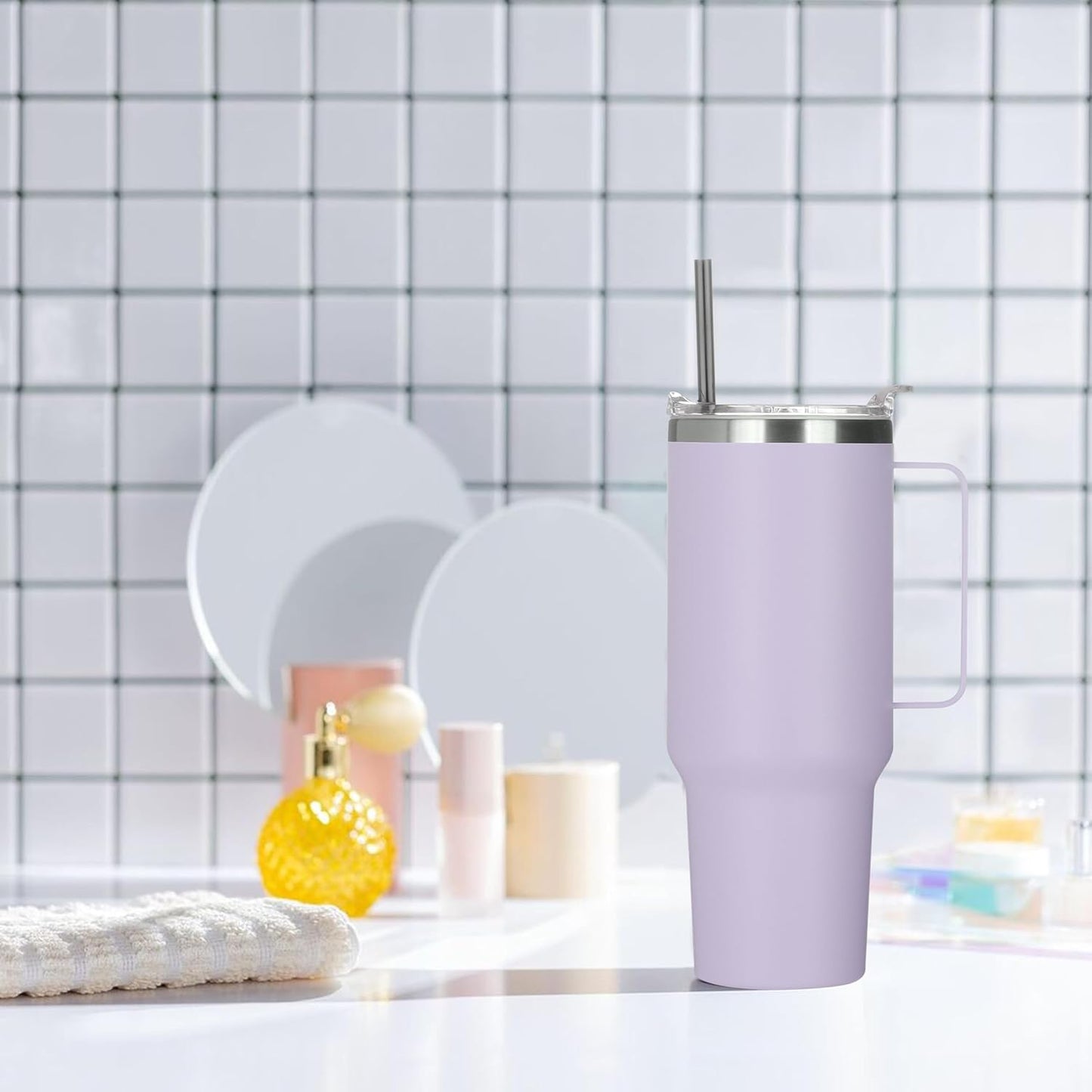 HASLE OUTFITTERS 40 oz Stainless Steel Tumbler with Handle, Vacuum Insulated Tumblers Bulk, Reusable Double Wall Travel Coffee Mug, Durable Powder Coated Water Bottle(Purple, 1)