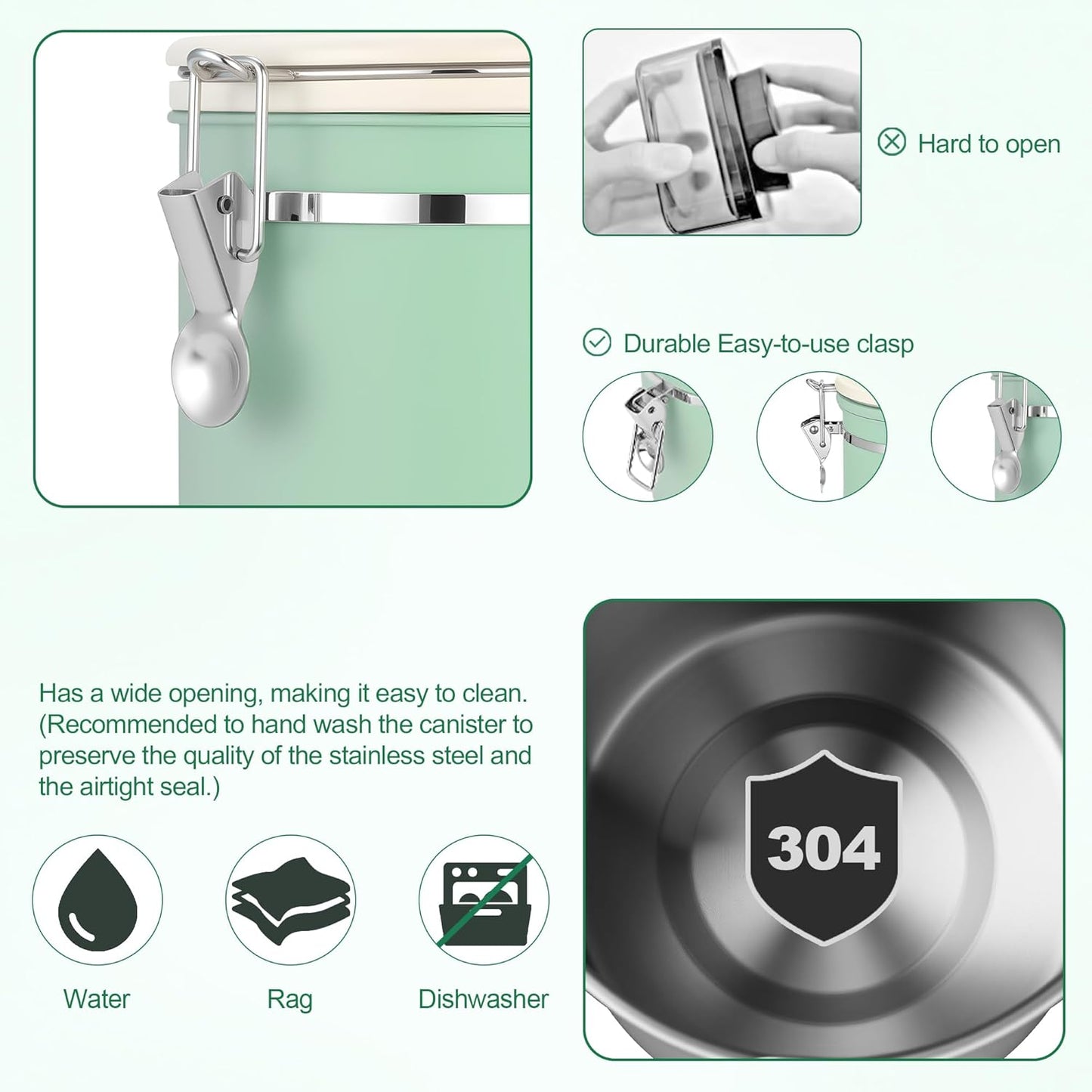 ShanSon Coffee Canister Airtight Coffee Container Stainless Steel Coffee Bean Storage Container with Scoop Coffee Canister for Beans Grounds Sugar Flour Tea Cereal,16OZ,Green