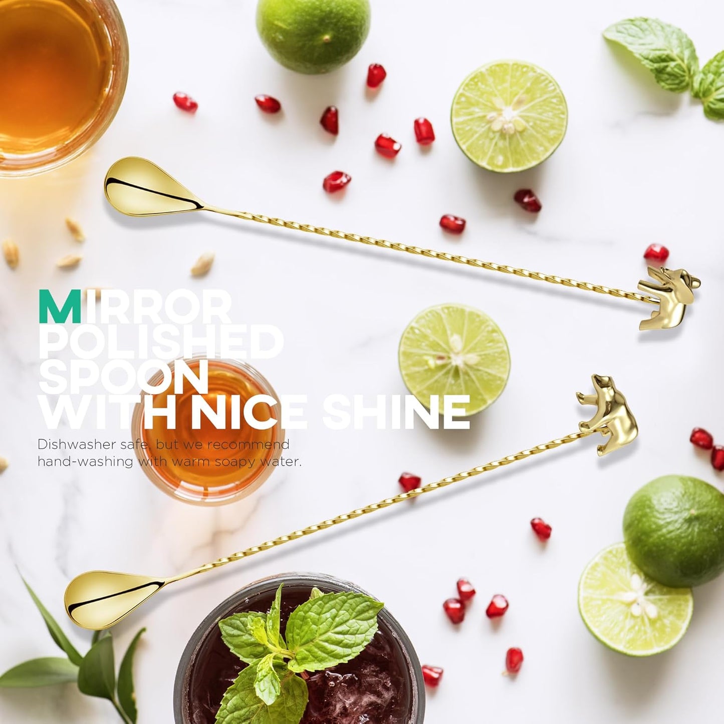 Homestia Gold 12-Inch Stainless Steel Cocktail Spoon with Elephant Bear Handle - Perfect for Mixing & Layering Drinks in Tall Cups, Bar & Shakers - Durable Long Handle Bar Stirrer, 2-Pieces