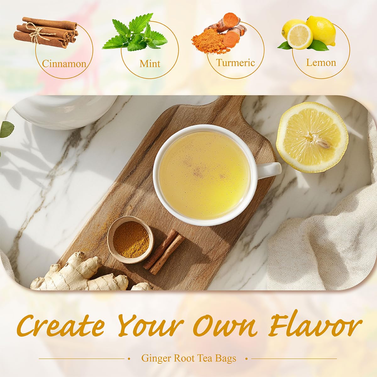 WT WEETEE Ginger Tea Bags, 100 Count Pure Ginger Root Tea, Warm & Spicy, Natural Caffeine Free Herbal Tea, No Spices & Flavors