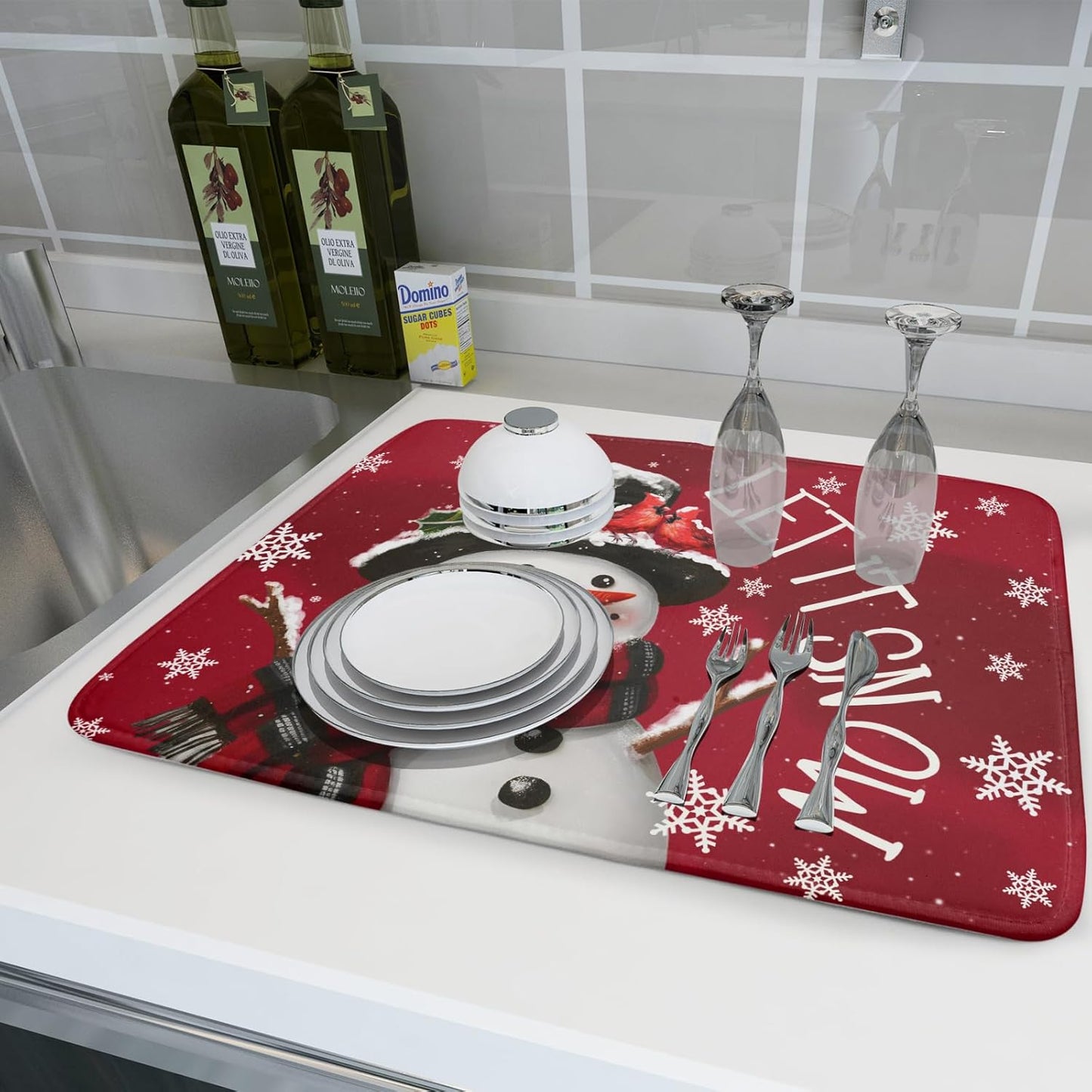 Merry Christmas Dish Drying Mat for Kitchen Counter 16x18 Inch Let It Snow Dish Draining Mat Xmas Snowflakes Decorations Fast Absorbent Tableware Cardinal Birld Dishes Pad for Coffee Bar Countertop