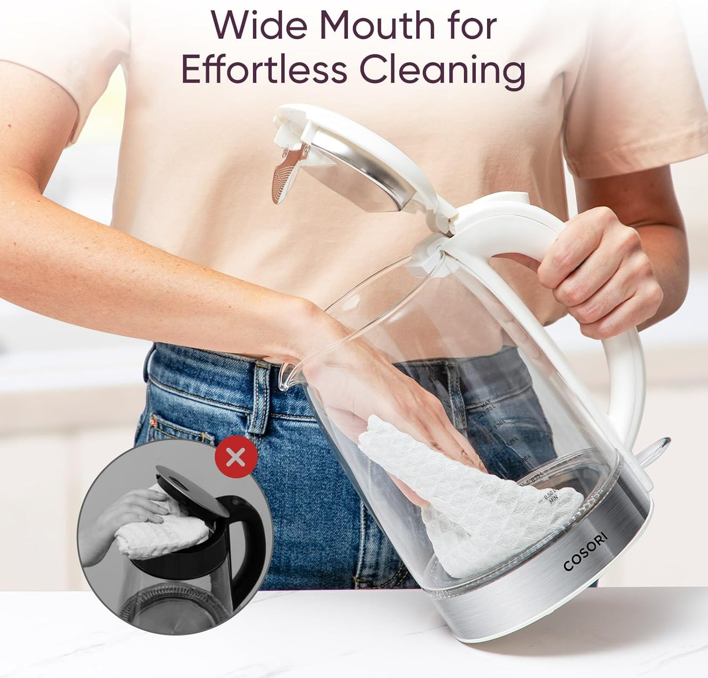 Cosori Electric Kettle, No Plastic Filter & Spout, Tea Kettle & Hot Water Boiler For Coffee & Tea, Water Heater & Teapot, Automatic Shut Off, Borosilicate glass, White, 1.7L/1500W