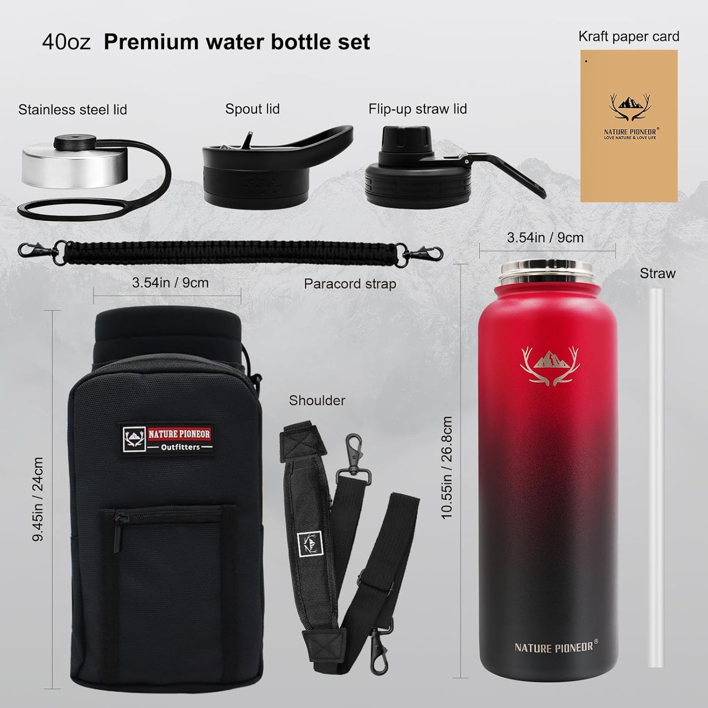 NATURE PIONEOR Insulated Water Bottles with Straw - 40oz Stainless Steel Vacuum Bottle with Holder/Carrier/Sleeve - Reusable 18/8 Food Grade 40 oz Water Jug