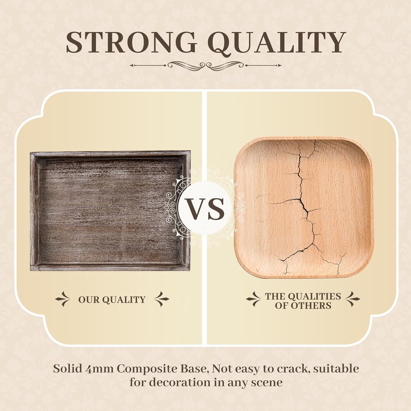 Wooden Decorative Tray, Rectangular Serving Tray with Wood Bead, Farmhouse Big Tray for Ottoman, Countertop, Coffee Tabl, 16.5" x 13"x 1.6" (Retro Brown)