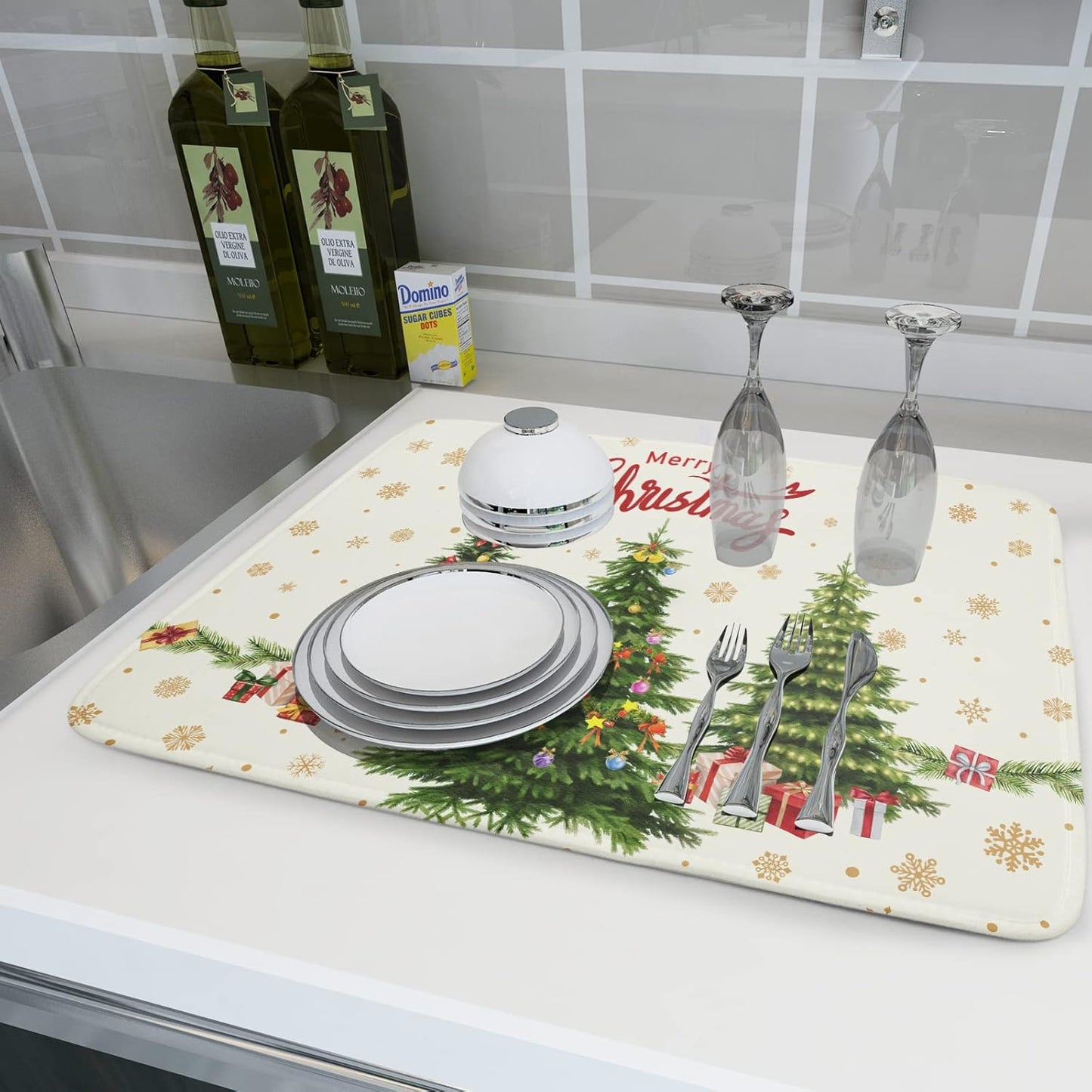 Merry Christmas Dish Drying Mats for Kitchen Counter 16x18 Inch Christmas Tree Dish Drainer Mats Dry Pad Xmas Forest Drying Mat for Dish Christmas Decorations for Kitchen Countertop Tableware Decor
