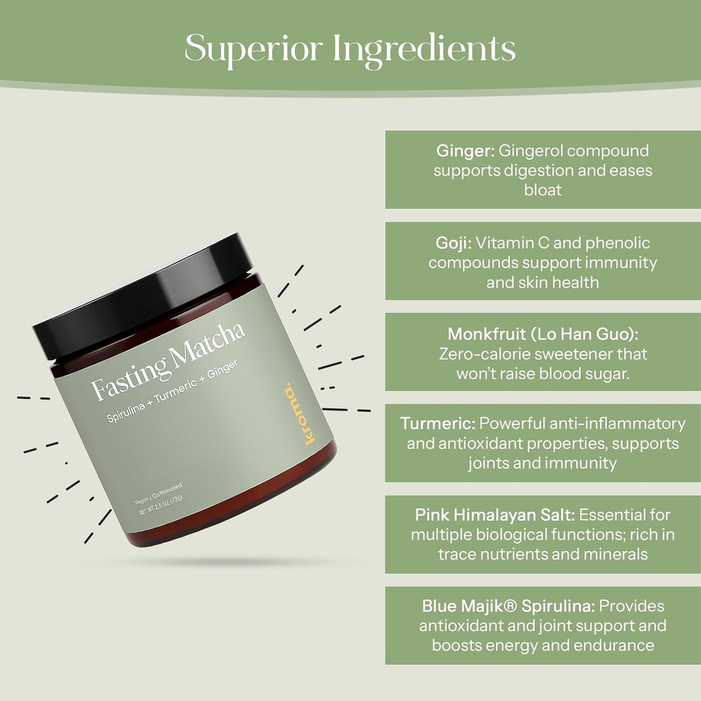 KROMA. Intermittent Fasting Matcha, 36 Servings, Organic Ceremonial Grade Powder, Zero Sugar Gluten Free Green Tea with Ginger, L Theanine, Spirulina, Turmeric, Matcha Latte Powder, Fasting & Energy Support