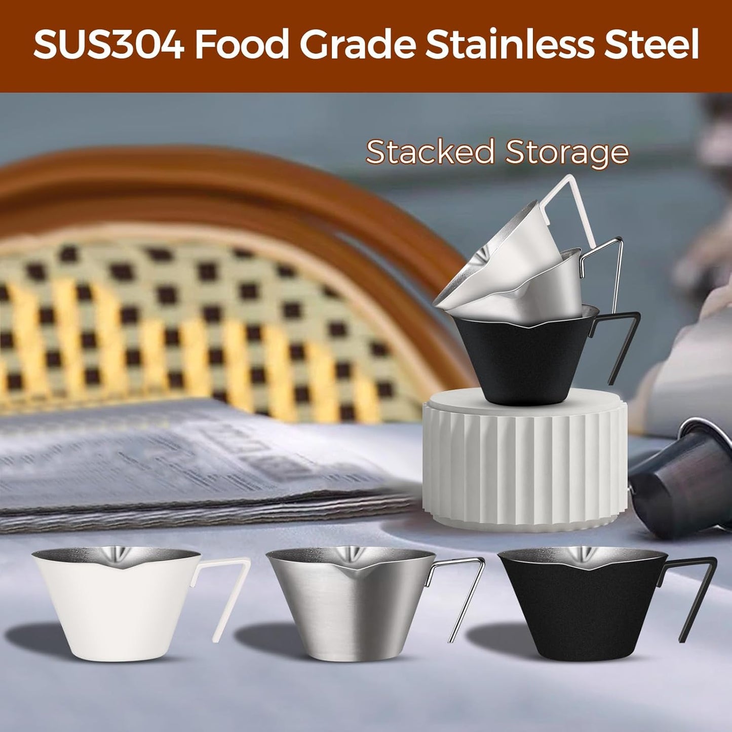 2 Pcs Espresso Cups with Handle, Stainless Steel, Double Spout Metal Measuring Cup with Dual Scale, Espresso Shot Cup with V-Shaped Mouth, 3.4oz/100ml(Silver)