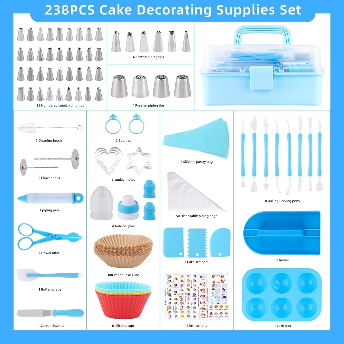 Cake Decorating Kit: Decorating Supplies Tools Kit 238 PCS Baking Accessories Include Spiping Bags and Tips Set, Piping Tips Set, Spatulas, Cake Scraper, 50 Piping Bags, Blue