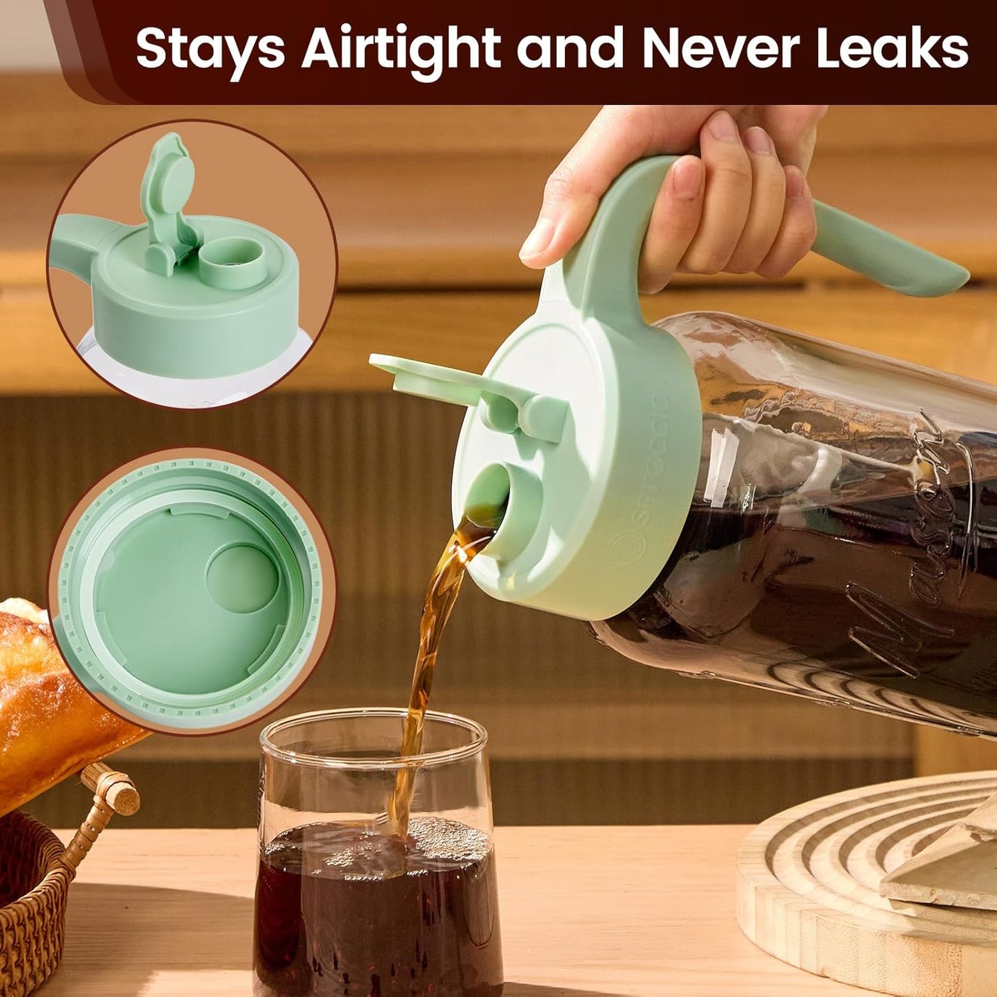 Cold Brew Coffee Maker Glass, Airtight & Leakproof Mason Jar Pitcher with Cold Brew Filter, 64 oz Glass Pitcher with Lid for Iced Coffee, Lemonade, Ice Tea