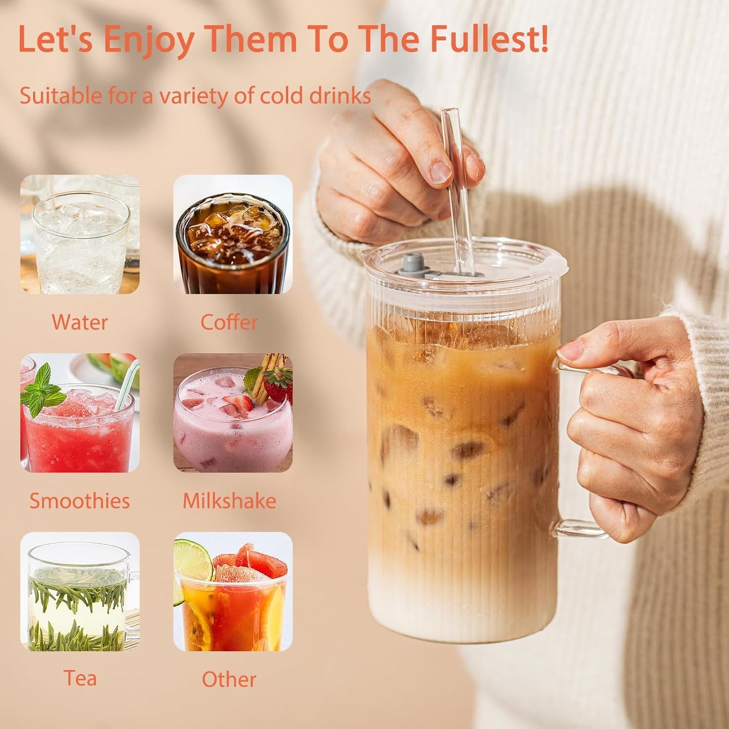 26oz Large Ribbed Glass Tumbler with Handle and Lid - Set of 2, Clear Glass Cups with Reusable Straws, Vertical Striped Design - Perfect for Iced Coffee, Tea, Smoothies, and Cocktails