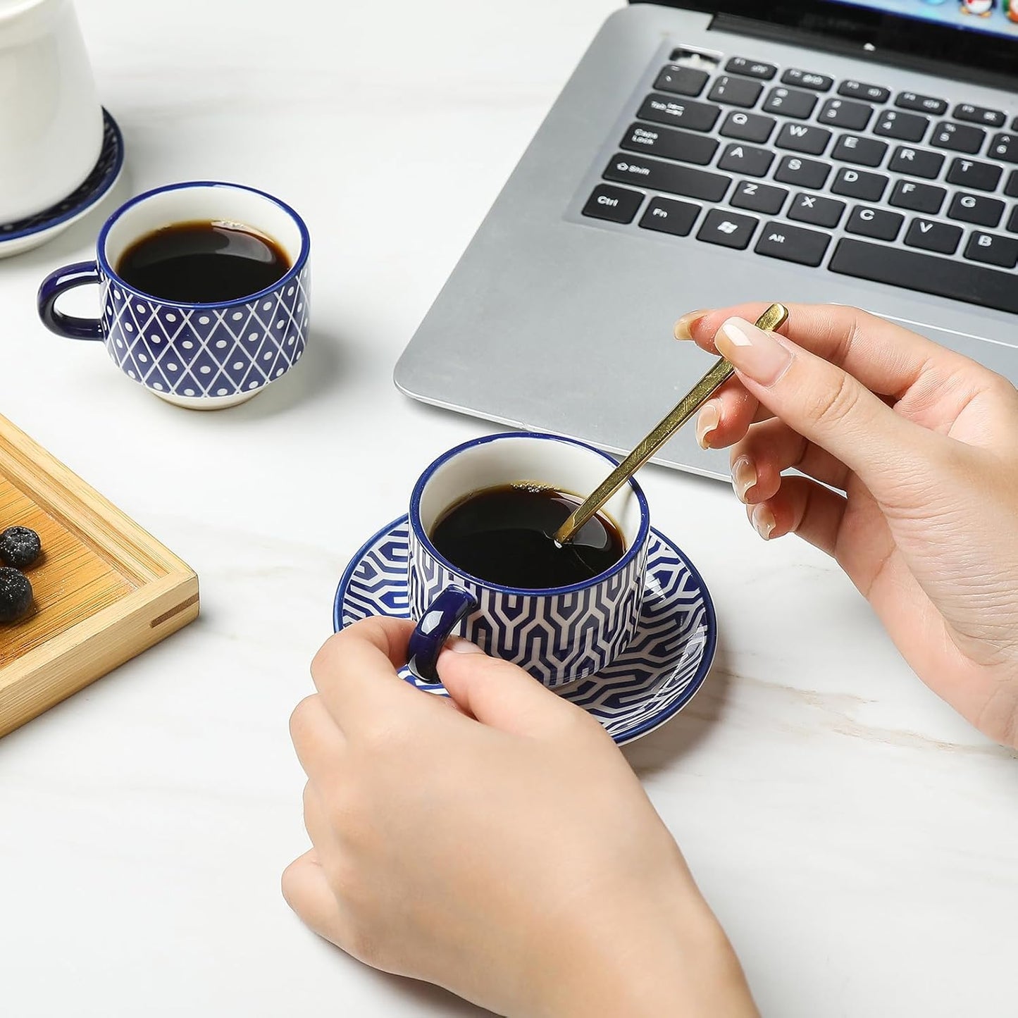 Selamica Ceramic Espresso Cups with Saucers and Metal Stand, 4 OZ Stackable Cappuccino Cups, Demitasse Cups for Latte Coffee Café Mocha Tea, Set of 4, Vintage Blue