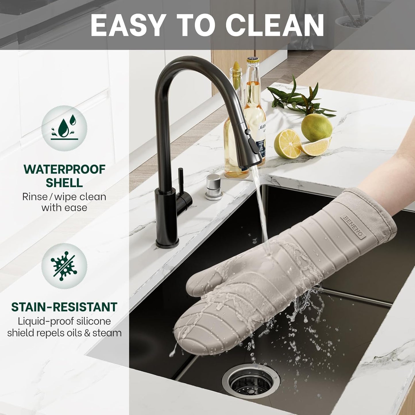 Beneno Oven Mitts, Heat Resistant BPA-Free Soft Silicone Oven Mitts 2-Pack, Waterproof Non-Slip Flexible Oven Gloves with Comfort Cotton Lining, Durable Kitchen Mitt Set for Baking Grill, 7"x13" Beige