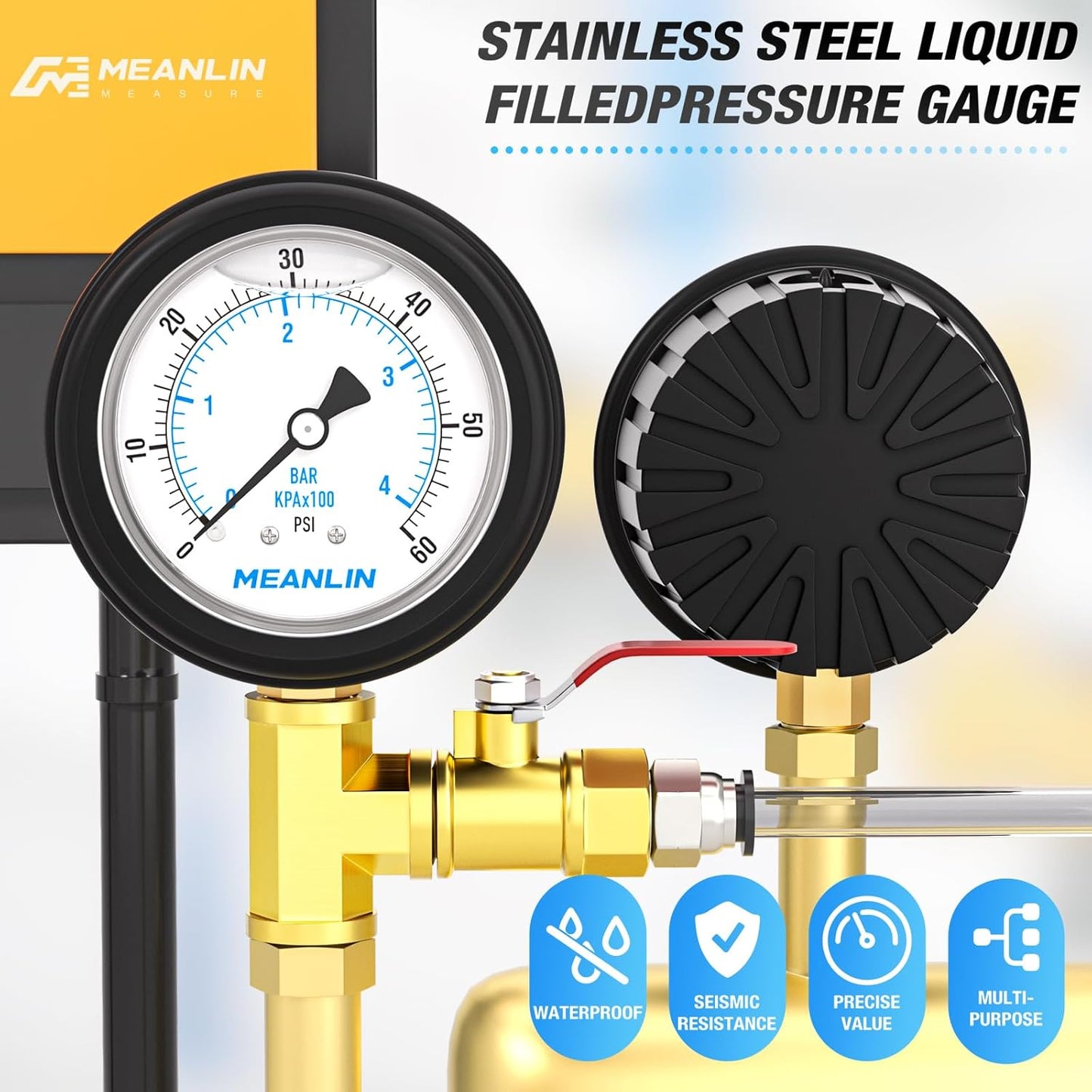 MEANLIN MEASURE 0~60Psi Stainless Steel Liquid Filled Pressure Gauge 1/4" NPT 2.5" FACE DIAL with Rubber Protective Sleeve, Lower Mount