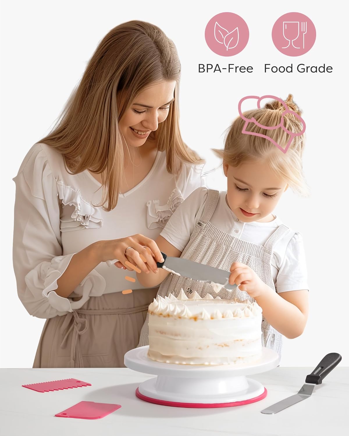 Kootek Cake Decorating Kit Baking Supplies Cake Turntable with 2 Frosting Straight Angled Spatula 3 Icing Smoother Scrapers Baking Accessories Tools for Beginners and Pros, Pink