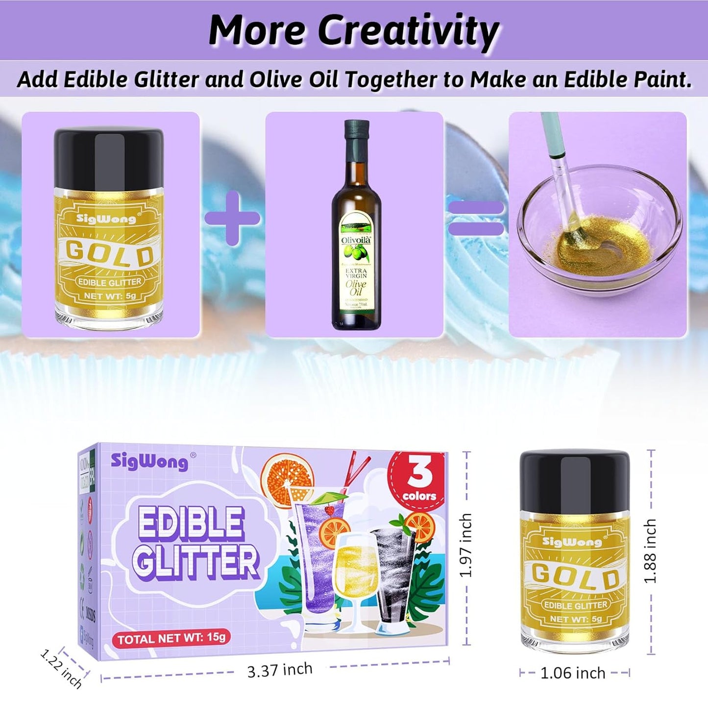 Edible Glitter Set, 3 Colors Luster Dust Edible Glitter, Food Grade Metallic Food Decorating Sprinkle Dust for Drinks Wine, Powder Glitter for Fondant, Chocolate, Candy, Cookie, 5g/0.18oz, Vegan