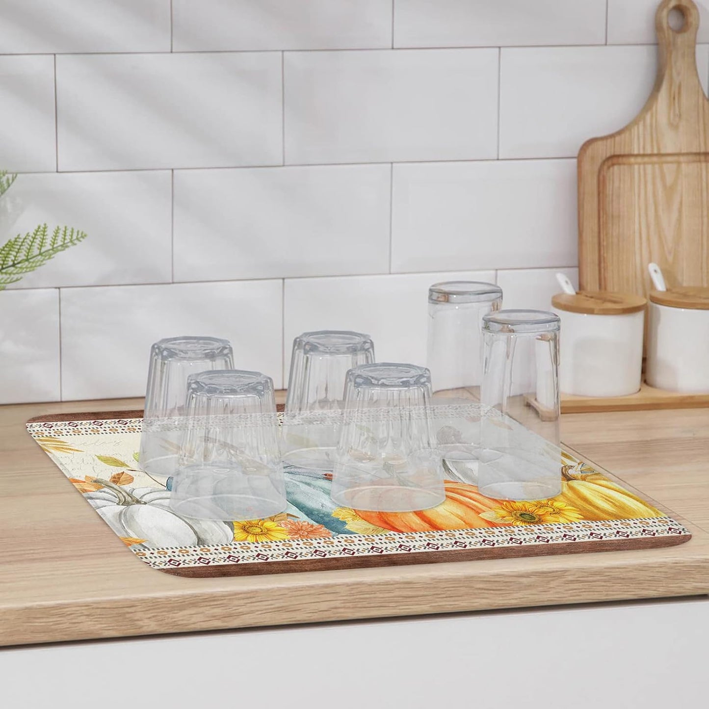 Fall Dish Drying Mat for Kitchen Counter Pumpkin Drying Pad Absorbent Drying Mats for Countertops Sinks Draining Racks Sunflower Eucalyptus Leaves Drainer Holiday Harvest Thanksgiving Decor 16x18